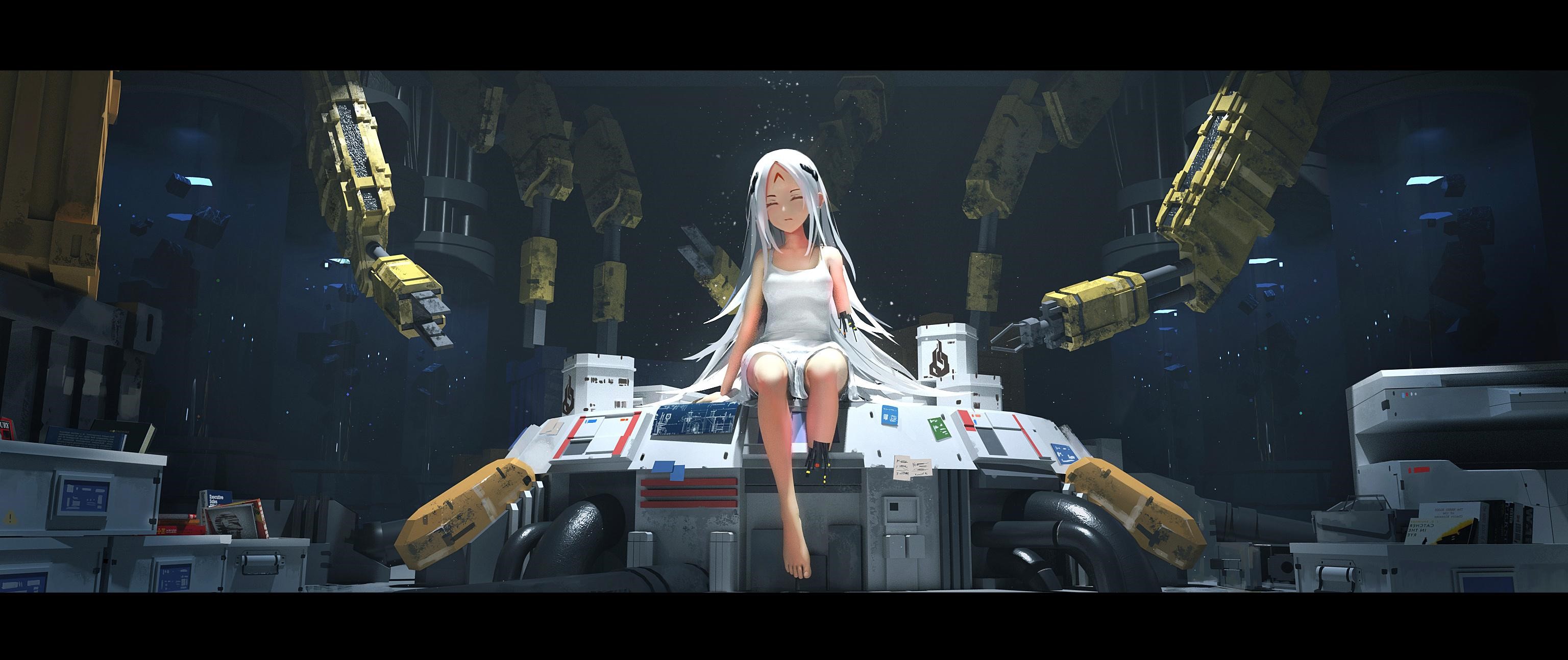 Anime girl with white hair and prosthetic limbs in a lab HD Wallpaper