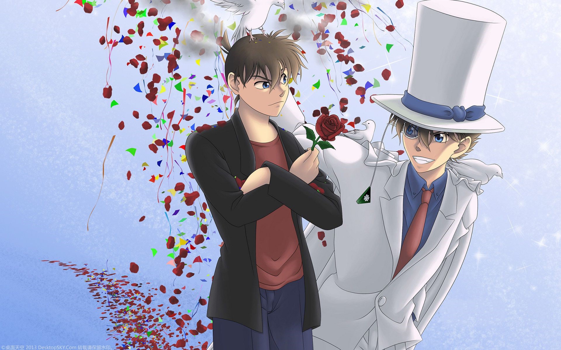 Detective Conan characters with roses and doves HD Wallpaper