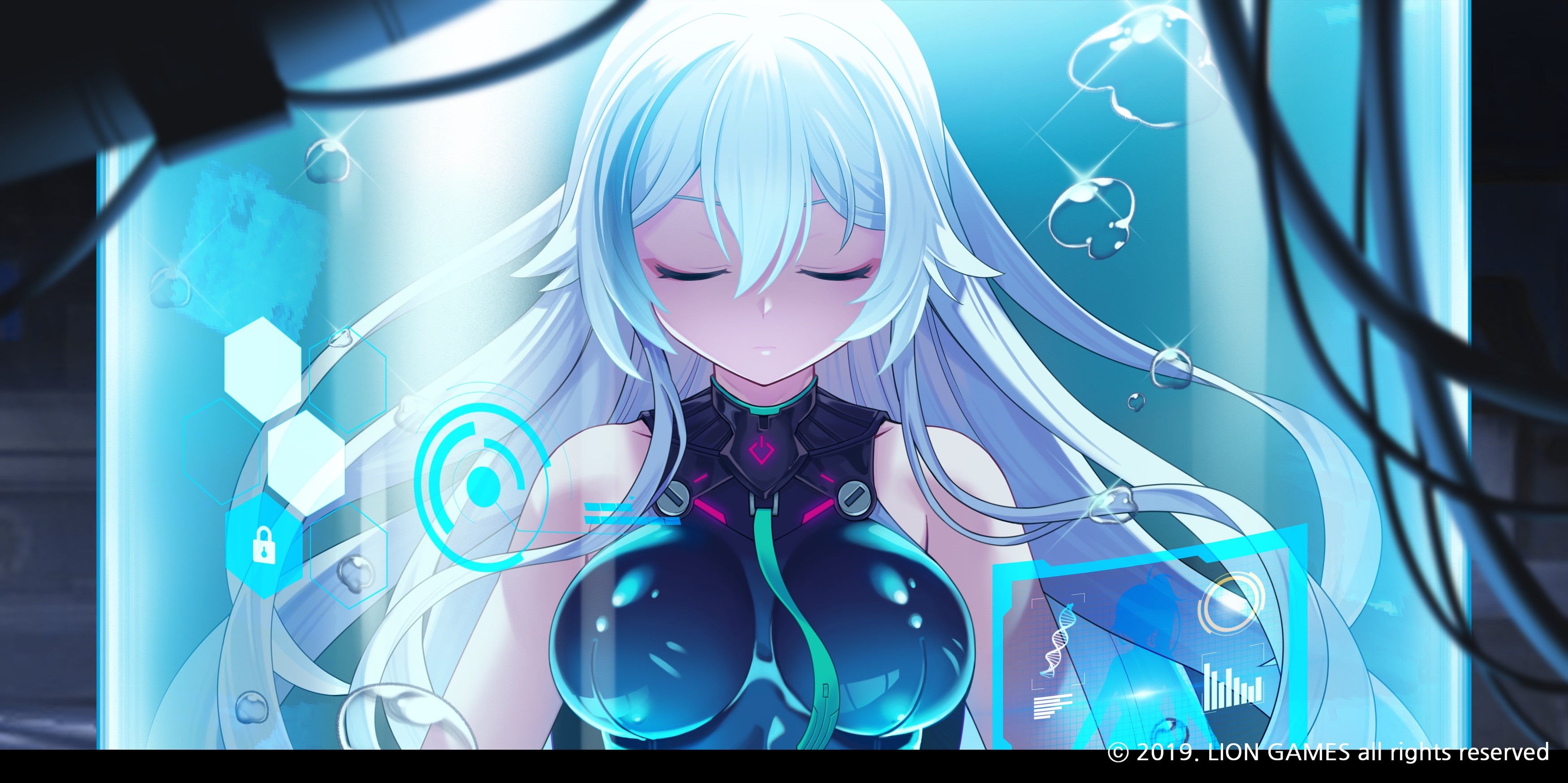 Anime girl with long aqua hair in a futuristic pod HD Wallpaper
