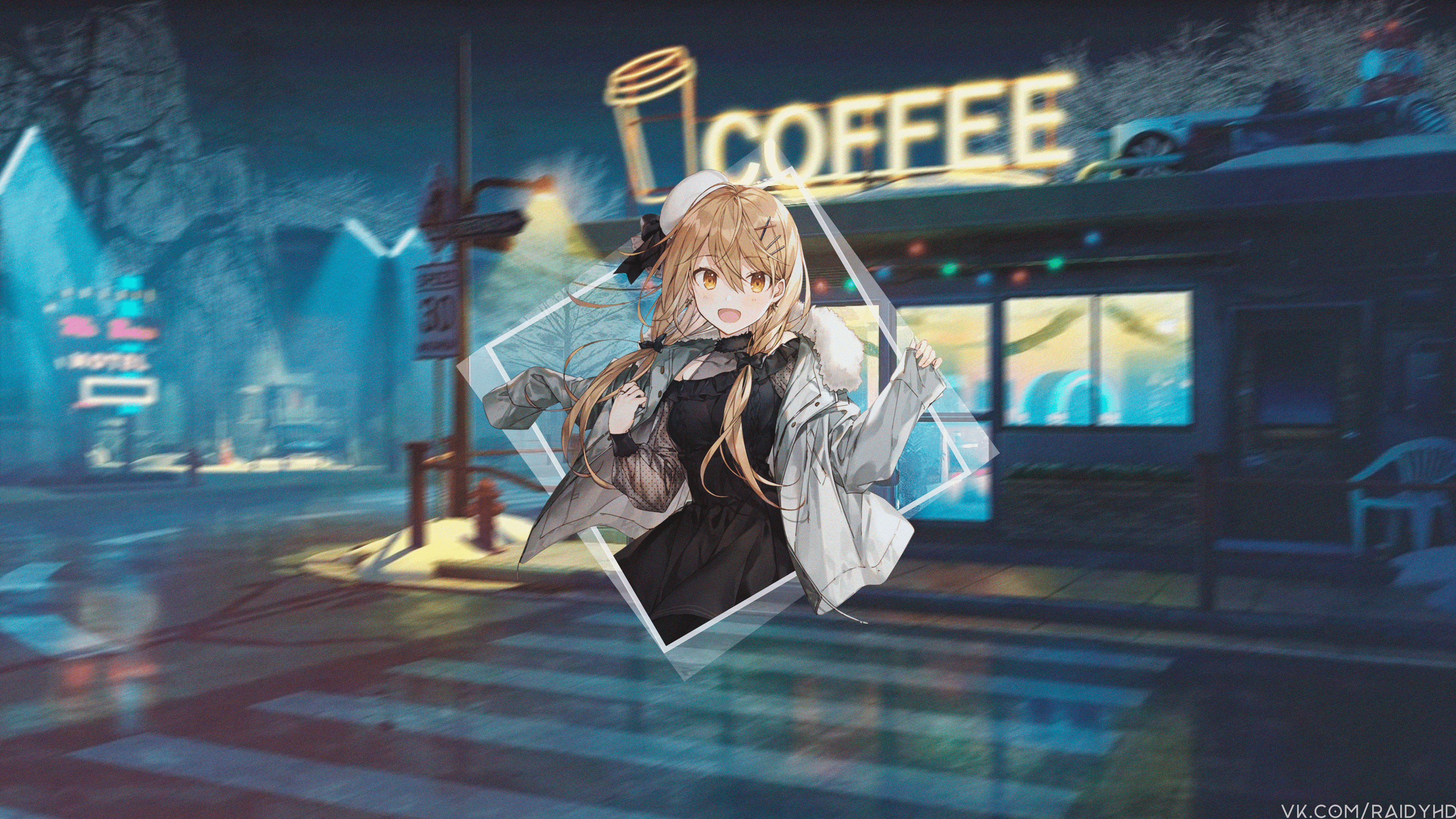 Anime girl in front of a coffee shop at night HD Wallpaper