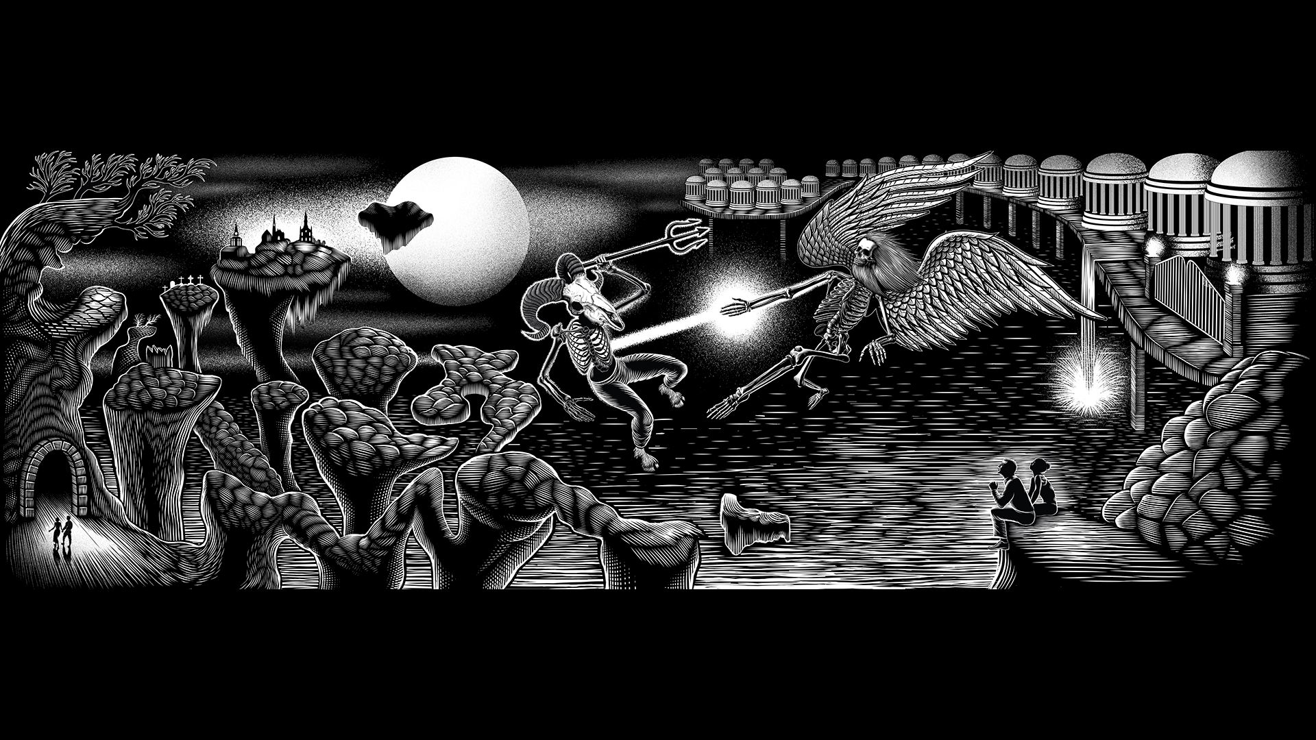 Skeleton warrior with ram skull fights winged creature over water HD Wallpaper