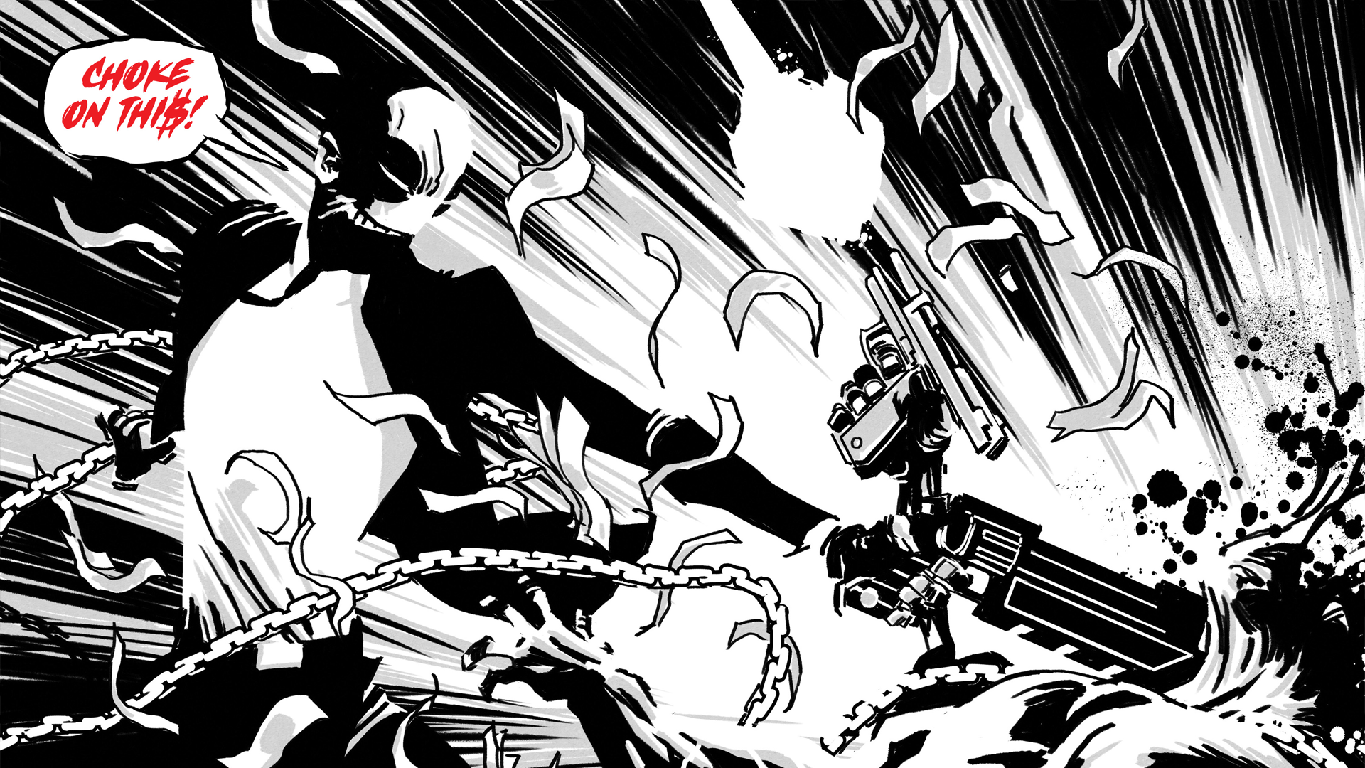 Renato Jones in action with chains and gun HD Wallpaper