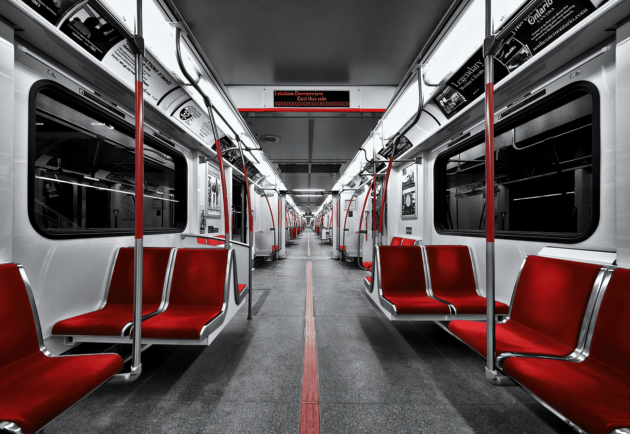 Interior of a Toronto subway car with red seats HD Wallpaper
