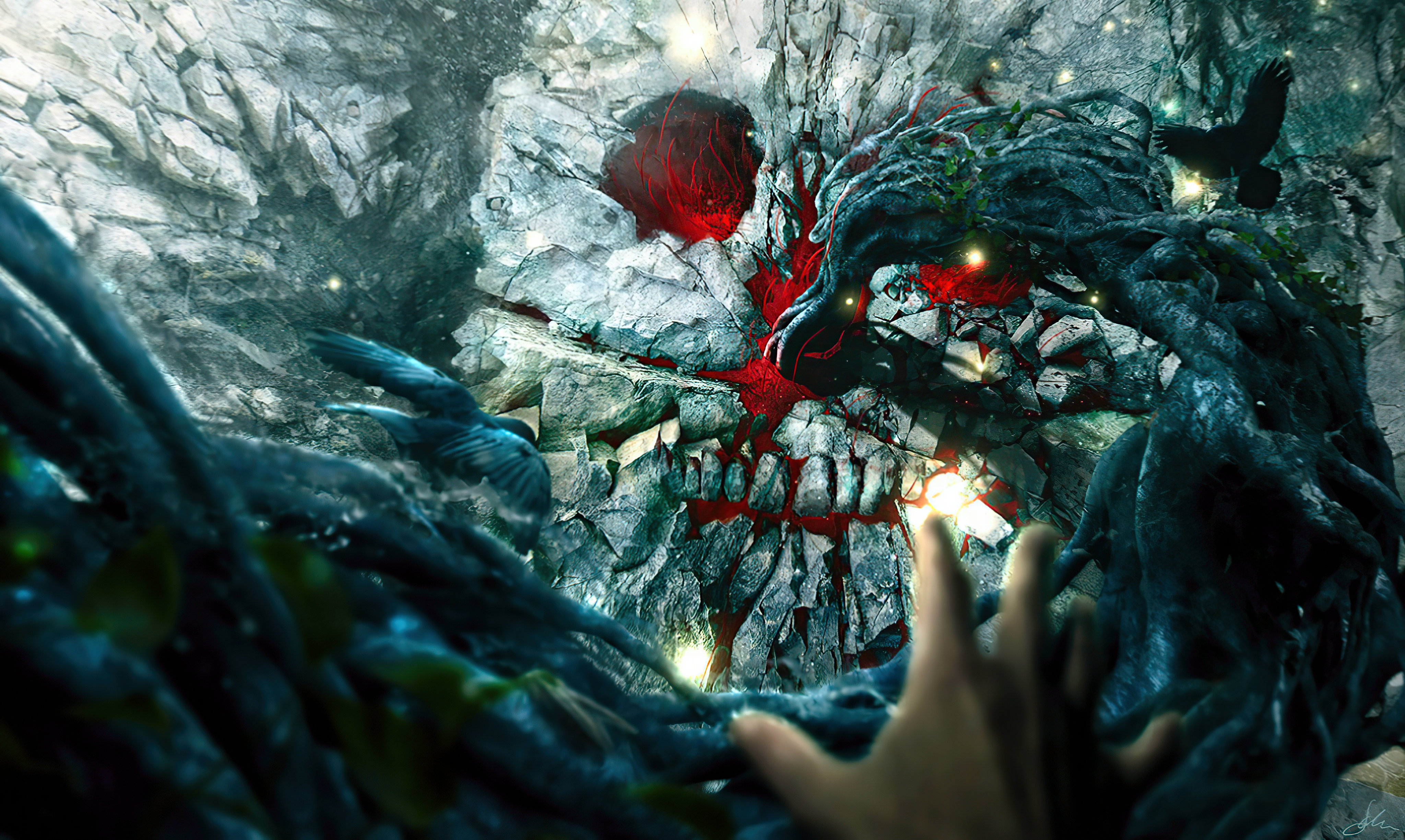 Creepy skull rock wall with vines and crows HD Wallpaper