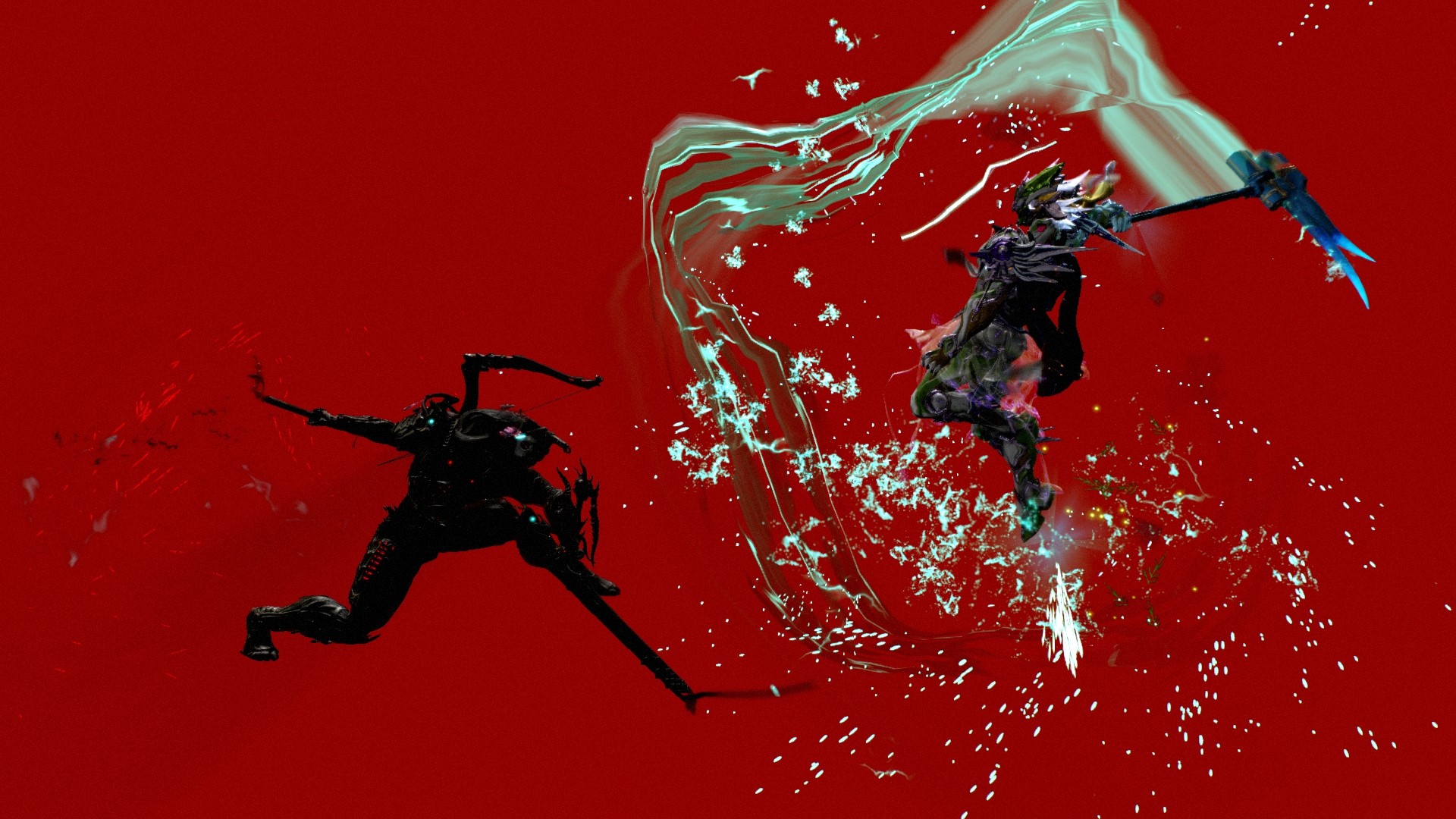 Two Warframe characters in combat on a red background HD Wallpaper