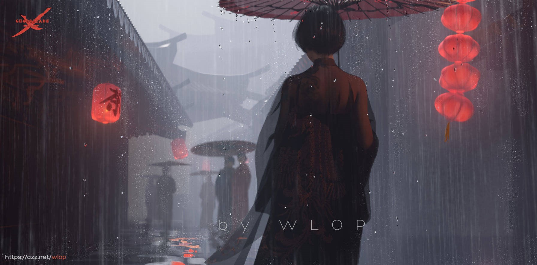 Ghost + Blade by WLOP in the rain HD Wallpaper