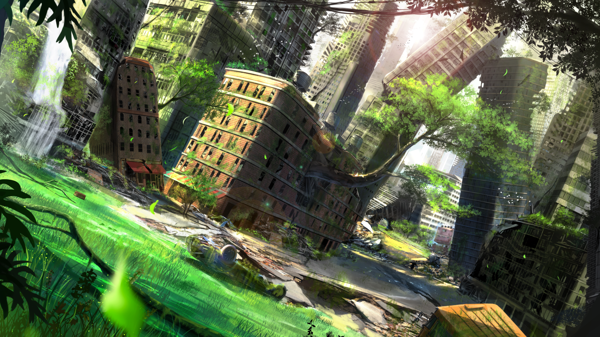 Anime post-apocalyptic city overgrown with nature HD Wallpaper