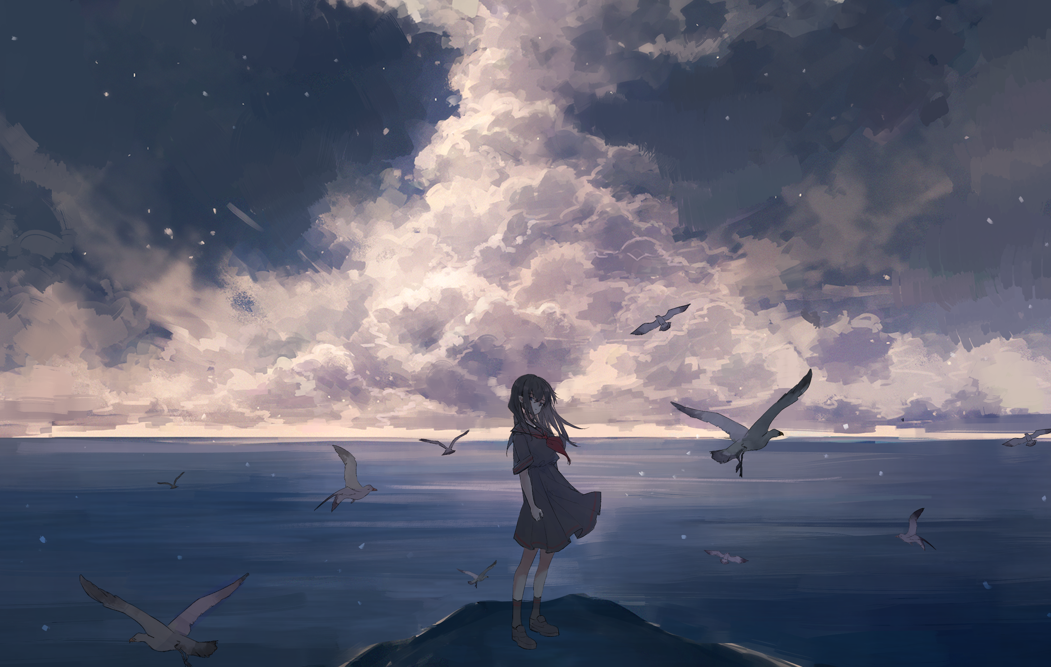 Axle Anime Girl by Ocean at Twilight HD Wallpaper