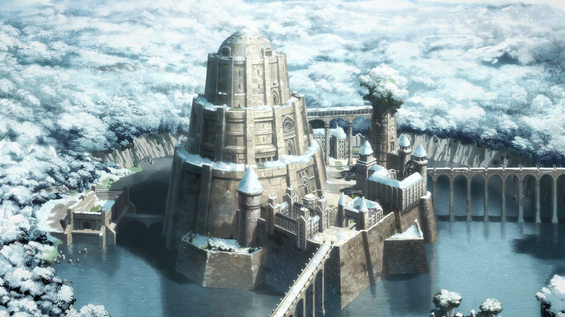 Anime castle in a snowy landscape HD Wallpaper