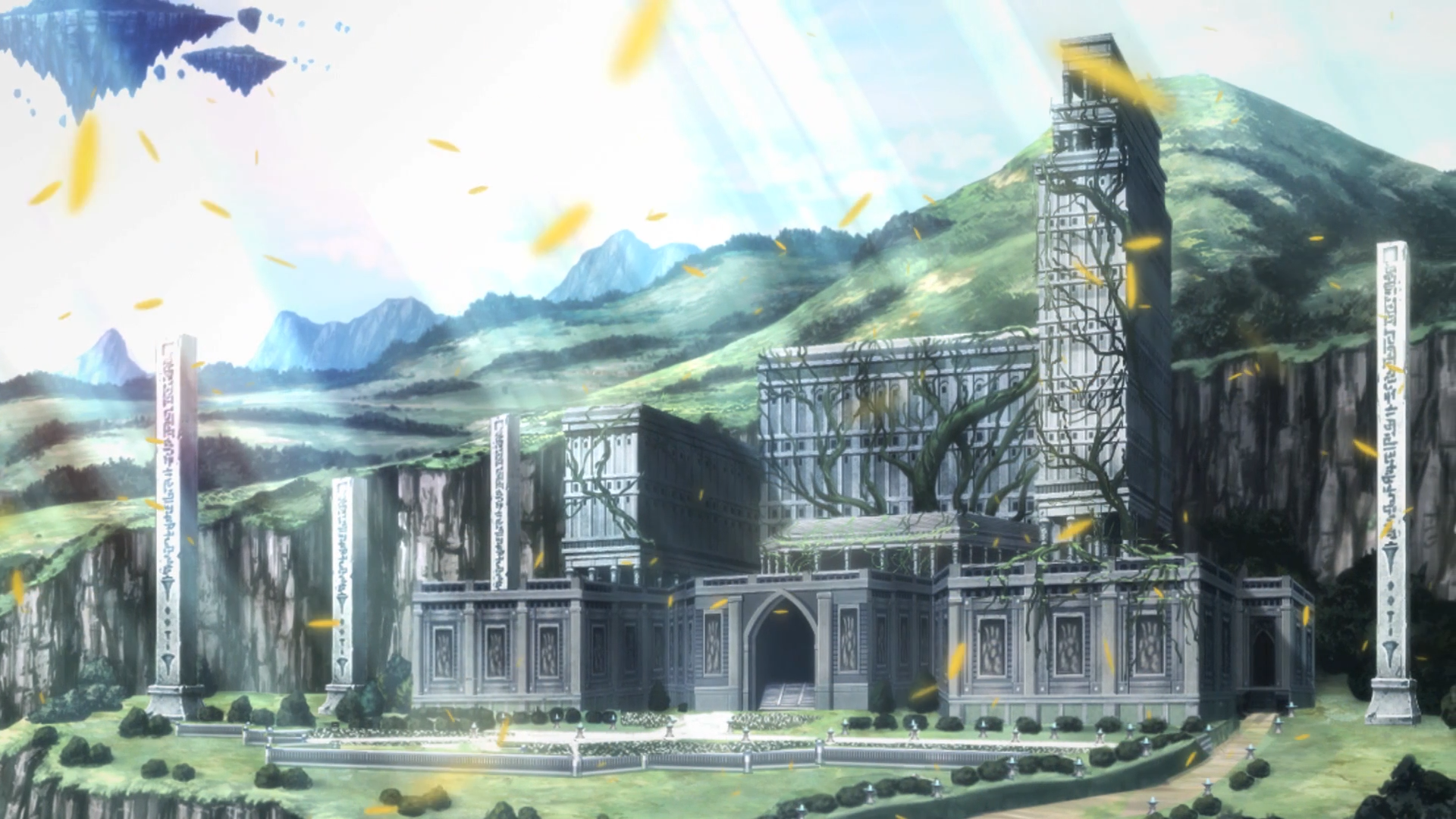 Anime castle with floating islands and mountains HD Wallpaper
