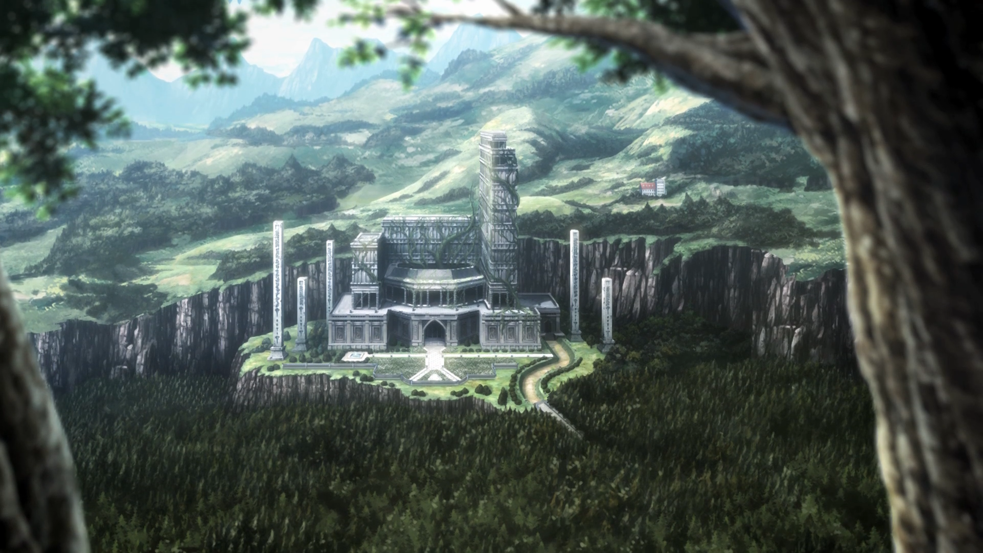 Anime castle in a mountainous forest landscape HD Wallpaper