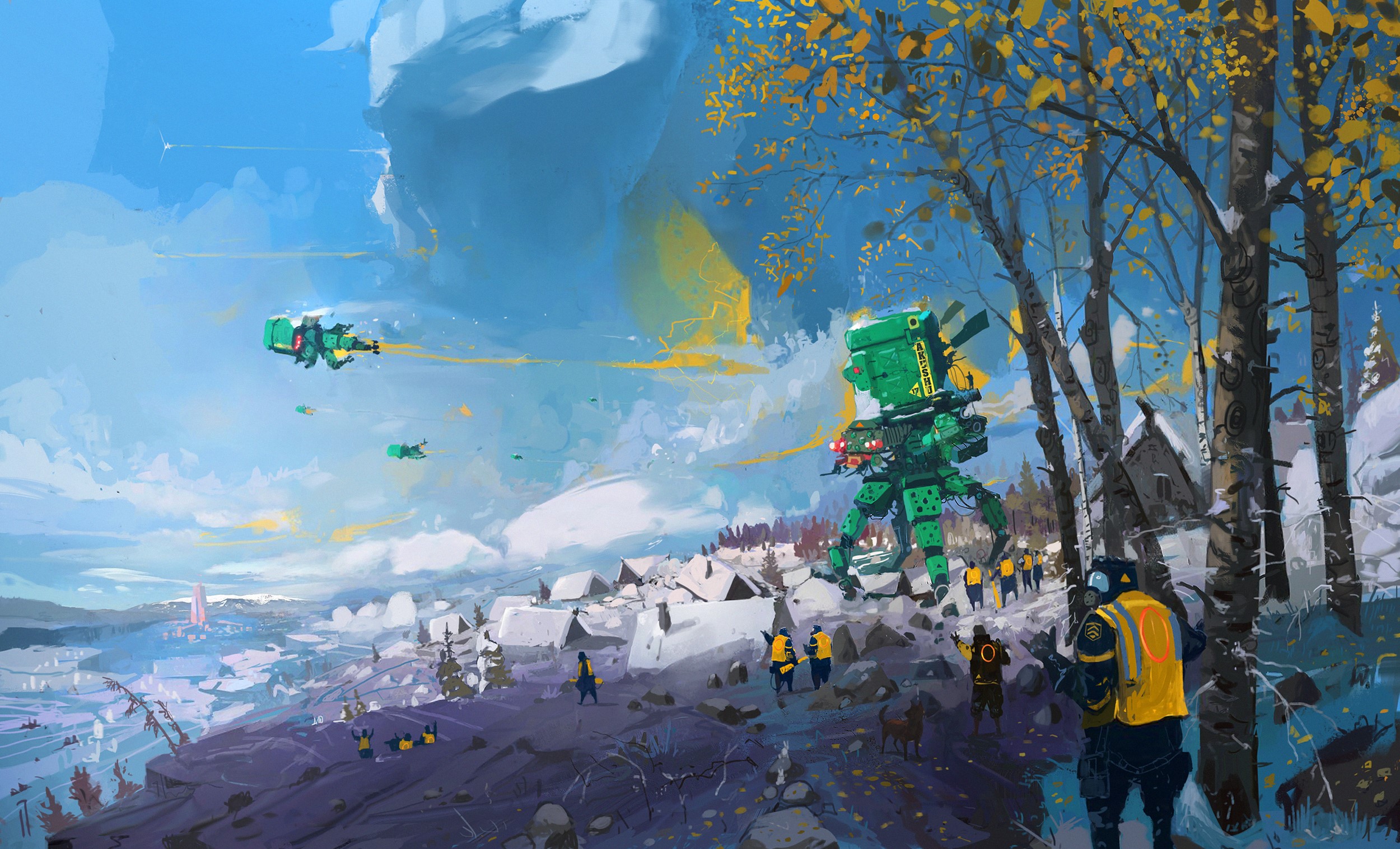 Futuristic robot and aircraft in a snowy landscape HD Wallpaper