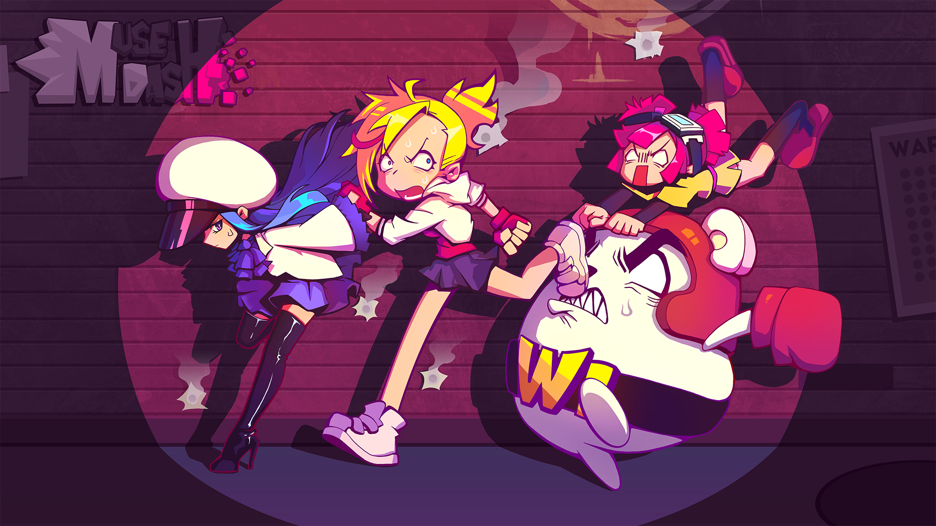 Muse Dash characters fighting a large creature HD Wallpaper