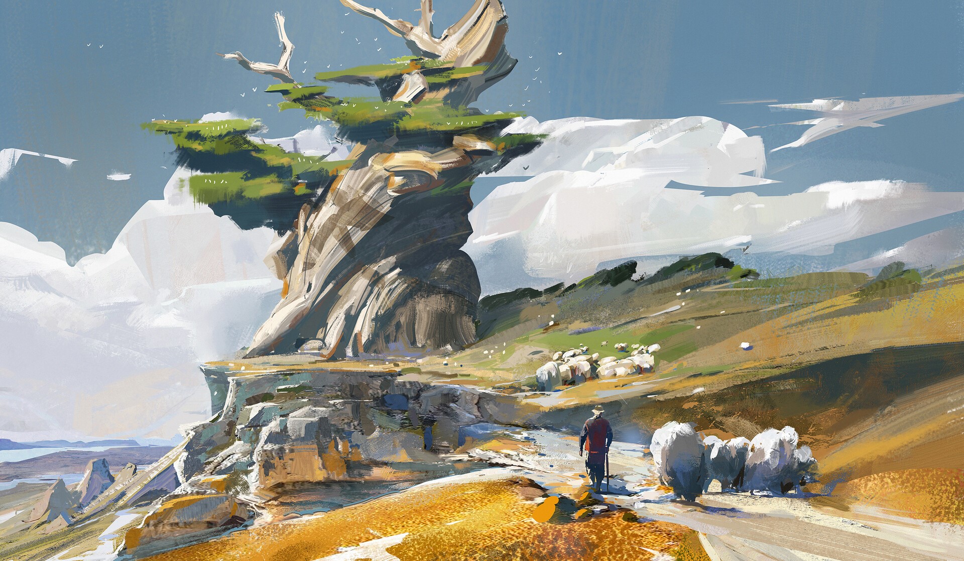 Shepherd with sheep near a twisted tree on a cliff HD Wallpaper
