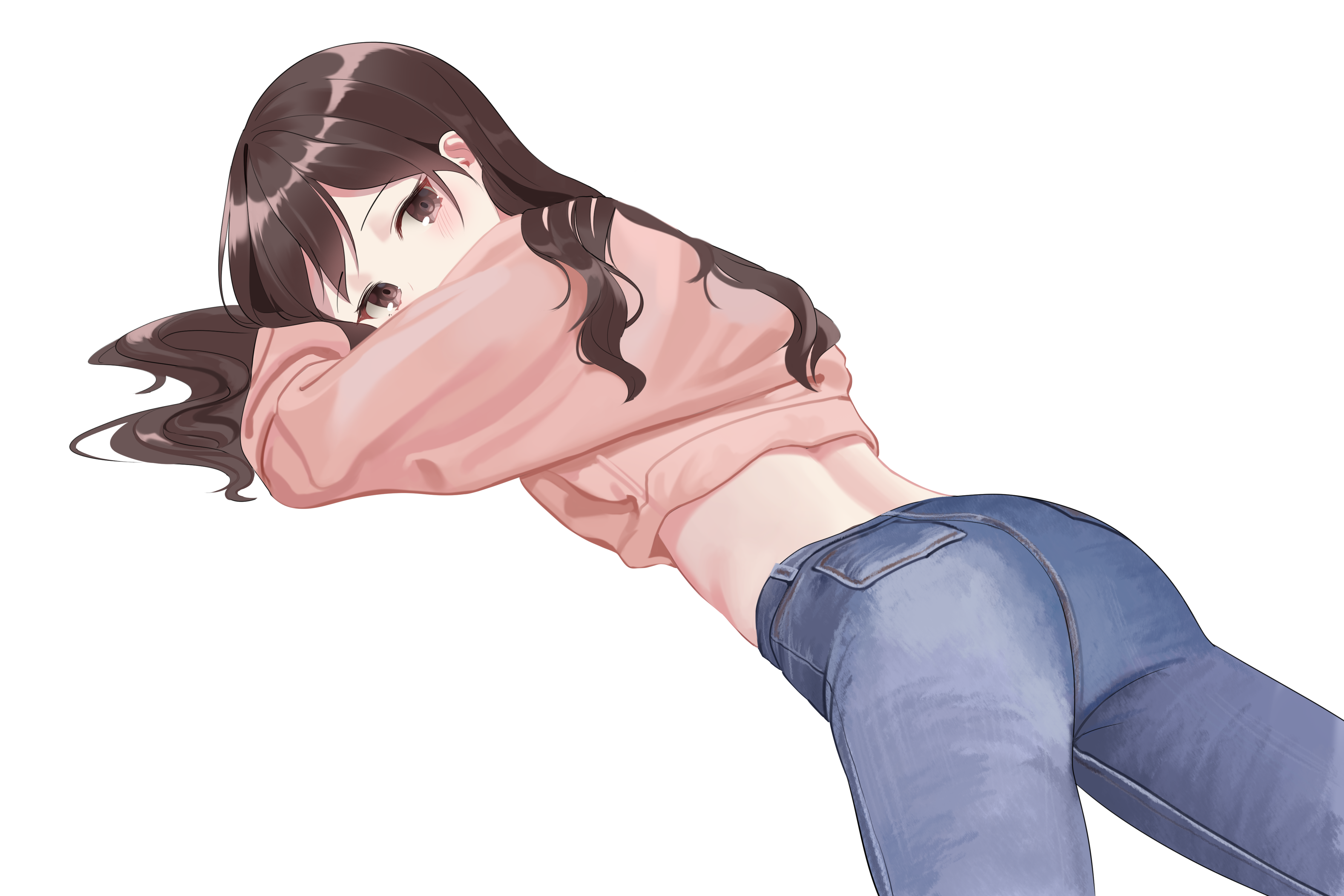 Anime girl with long brown hair in jeans HD Wallpaper