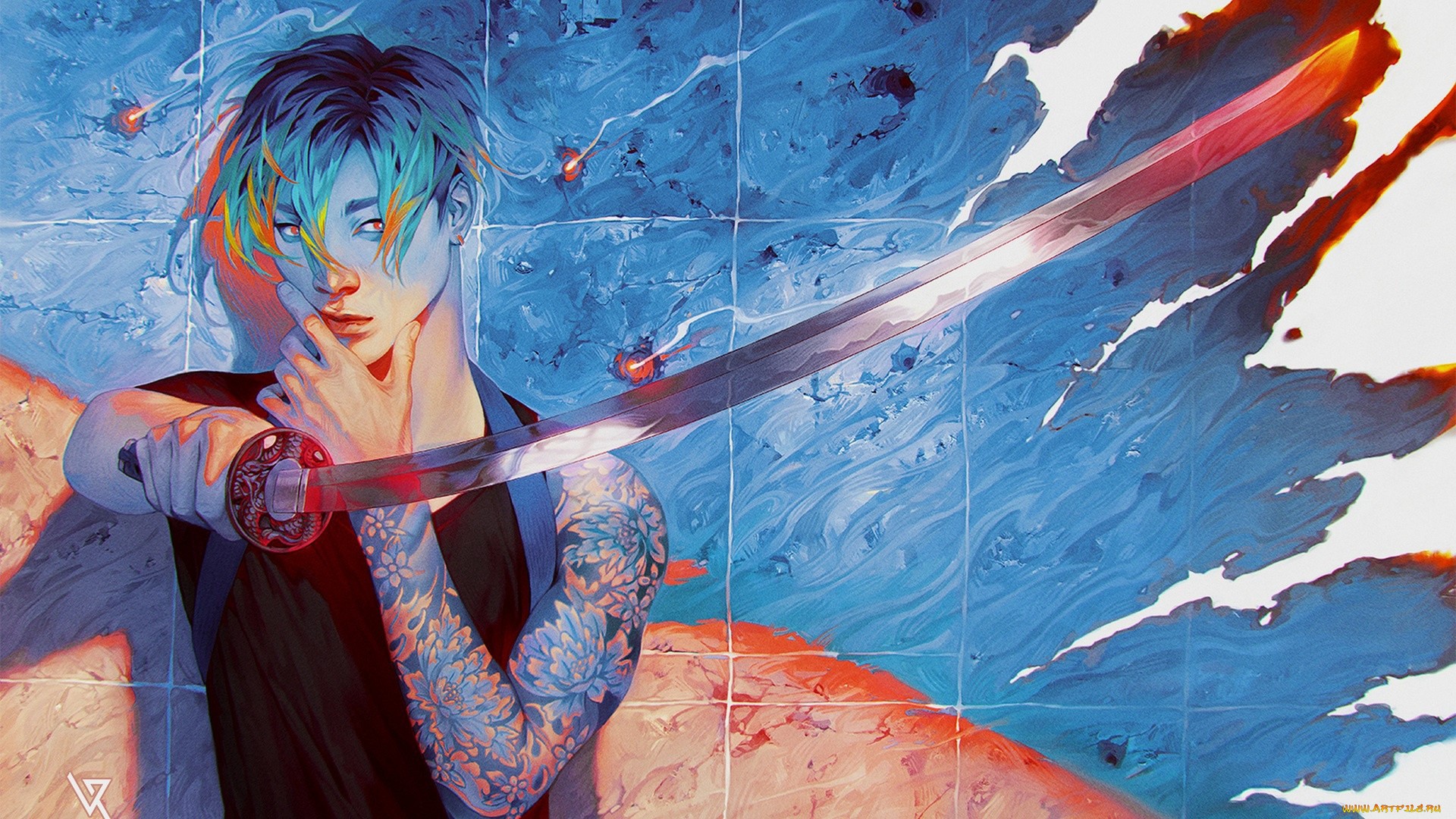 Artwork of a person with a katana HD Wallpaper