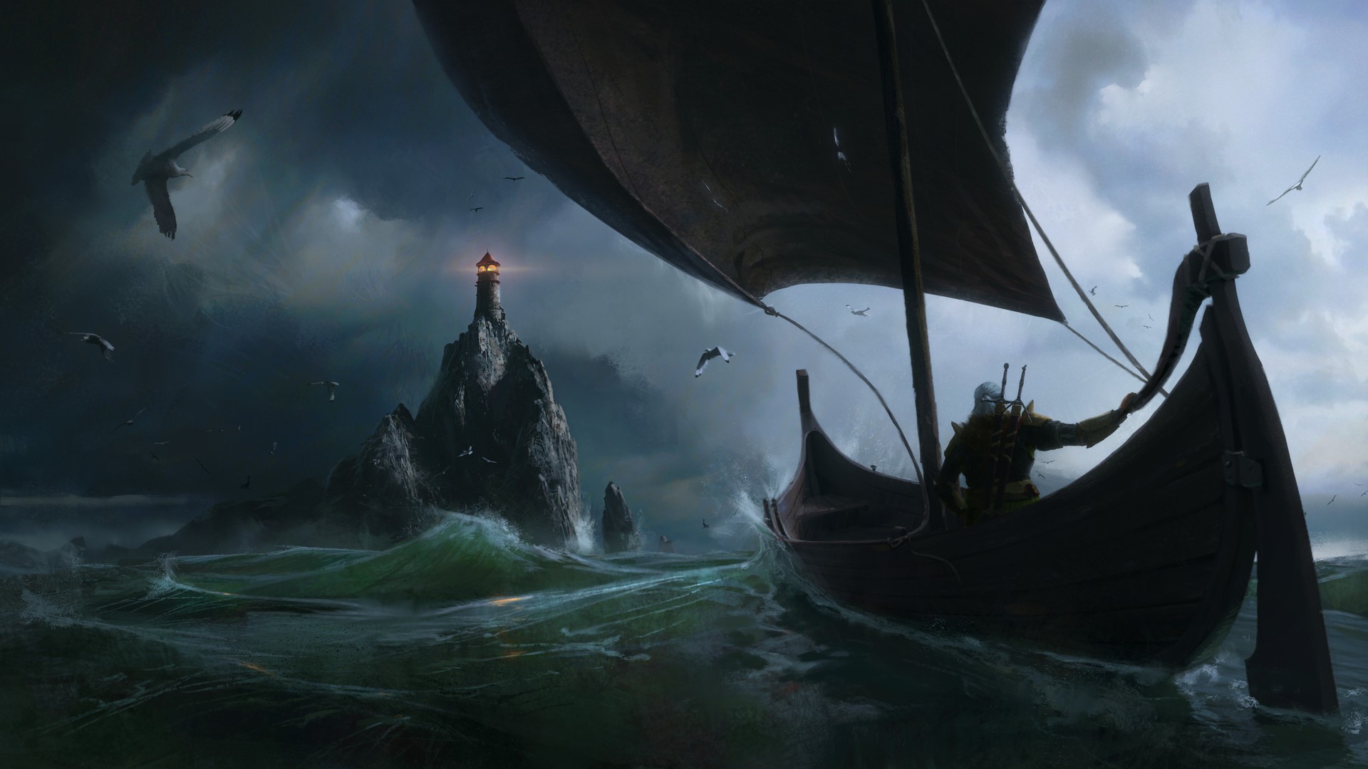 Geralt of Rivia from The Witcher on a boat near a lighthouse HD Wallpaper