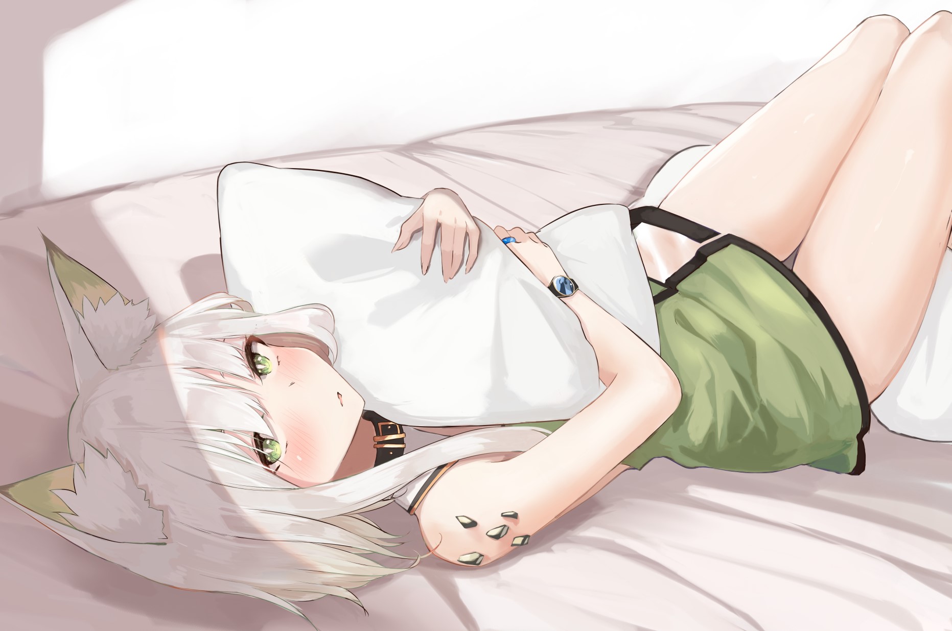 Anime girl with white hair and fox ears lying on a bed HD Wallpaper
