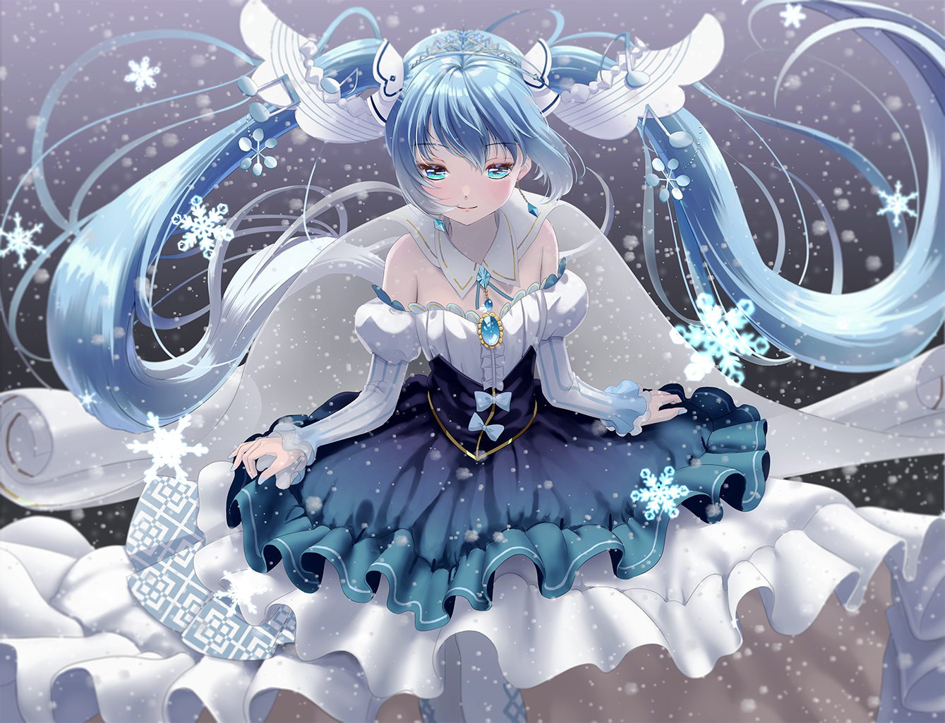 Hatsune Miku in a winter dress with snowflakes HD Wallpaper
