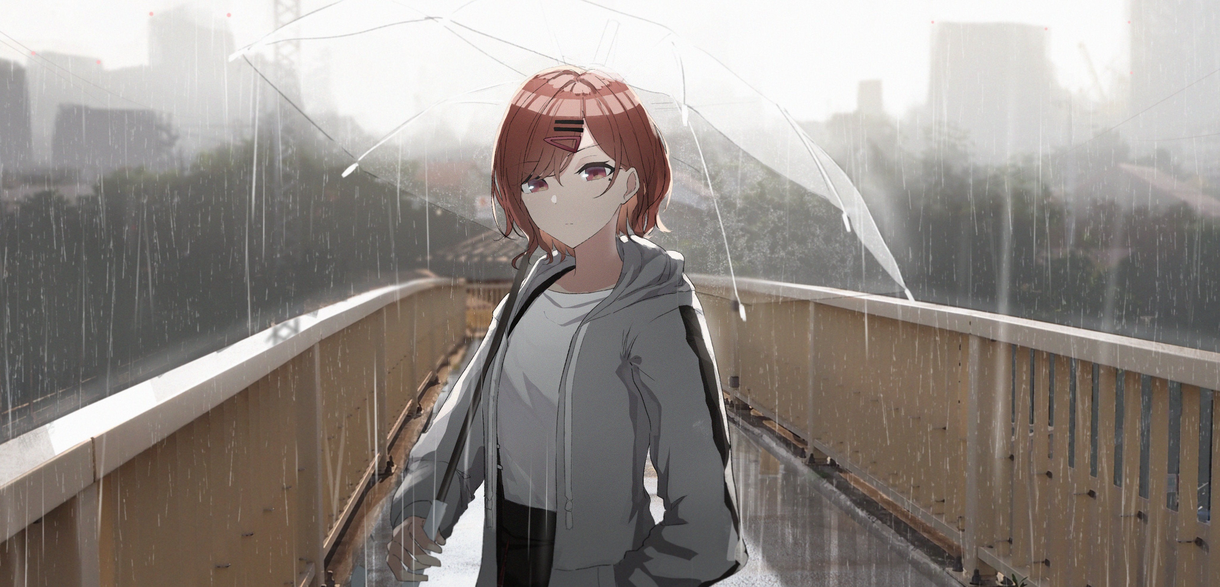 Anime girl with umbrella in the rain HD Wallpaper