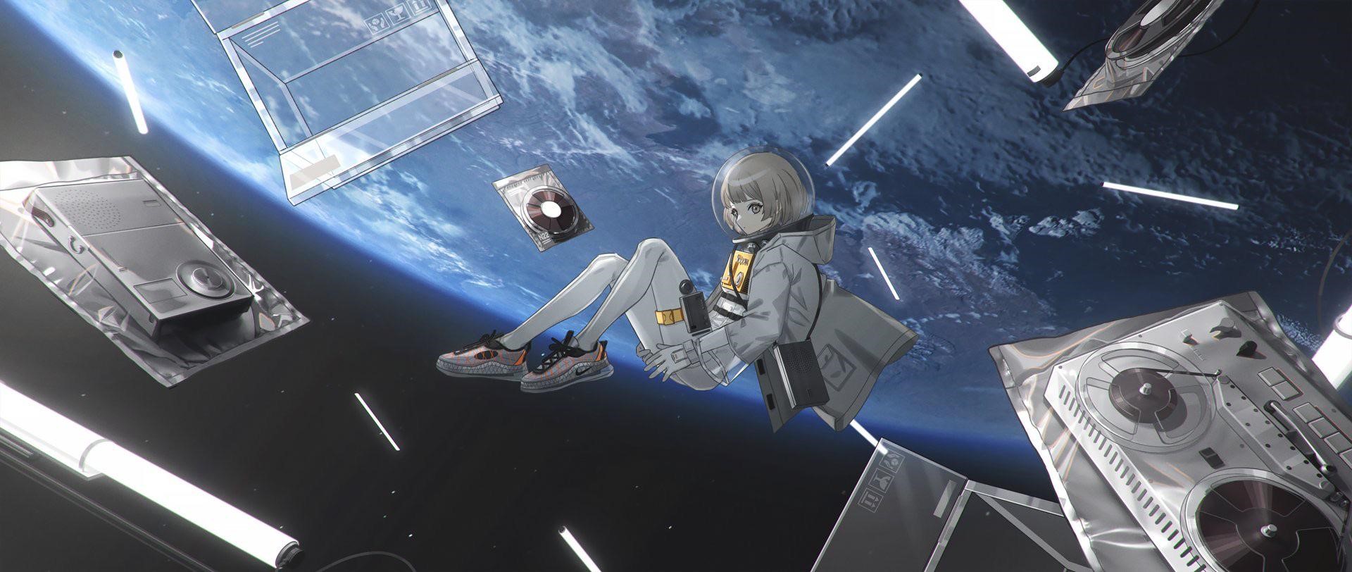 Anime girl floating in space with Earth in background HD Wallpaper