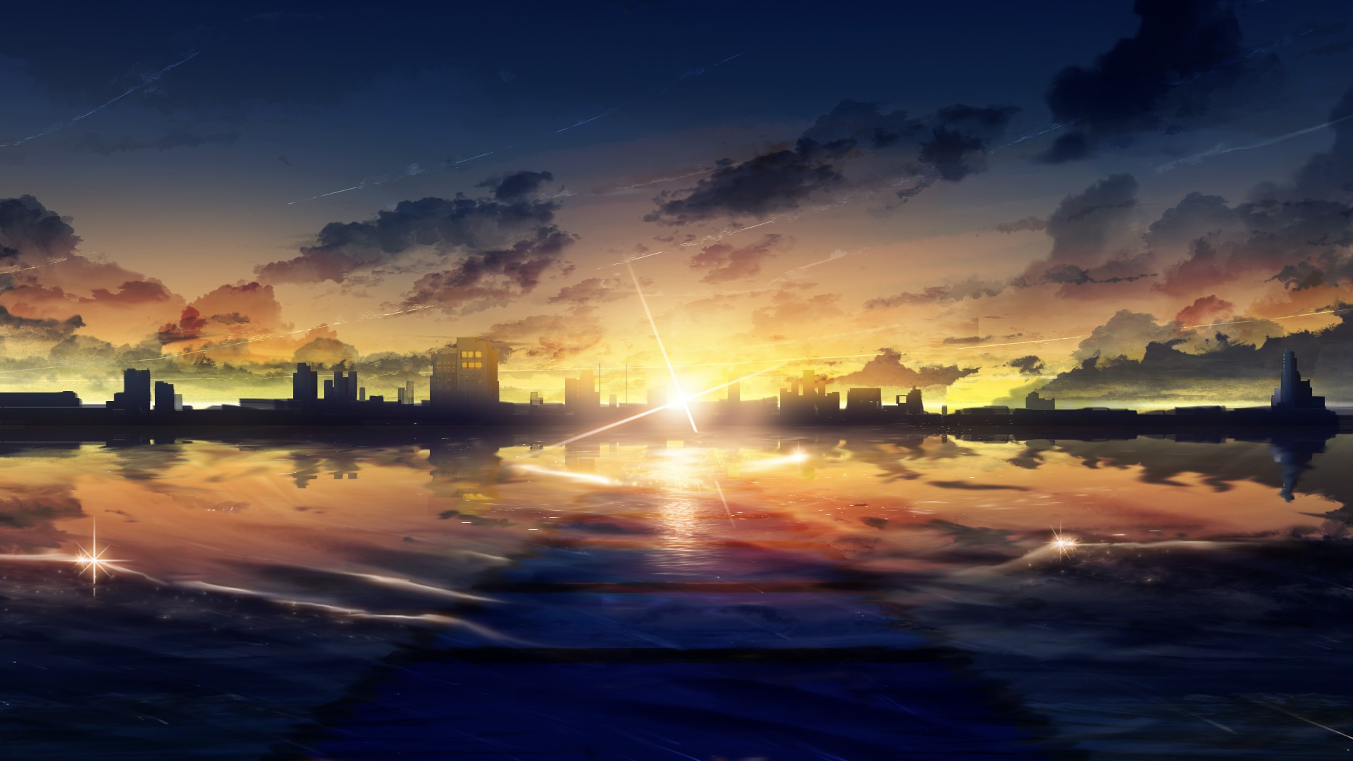 City skyline at sunset reflected in water HD Wallpaper