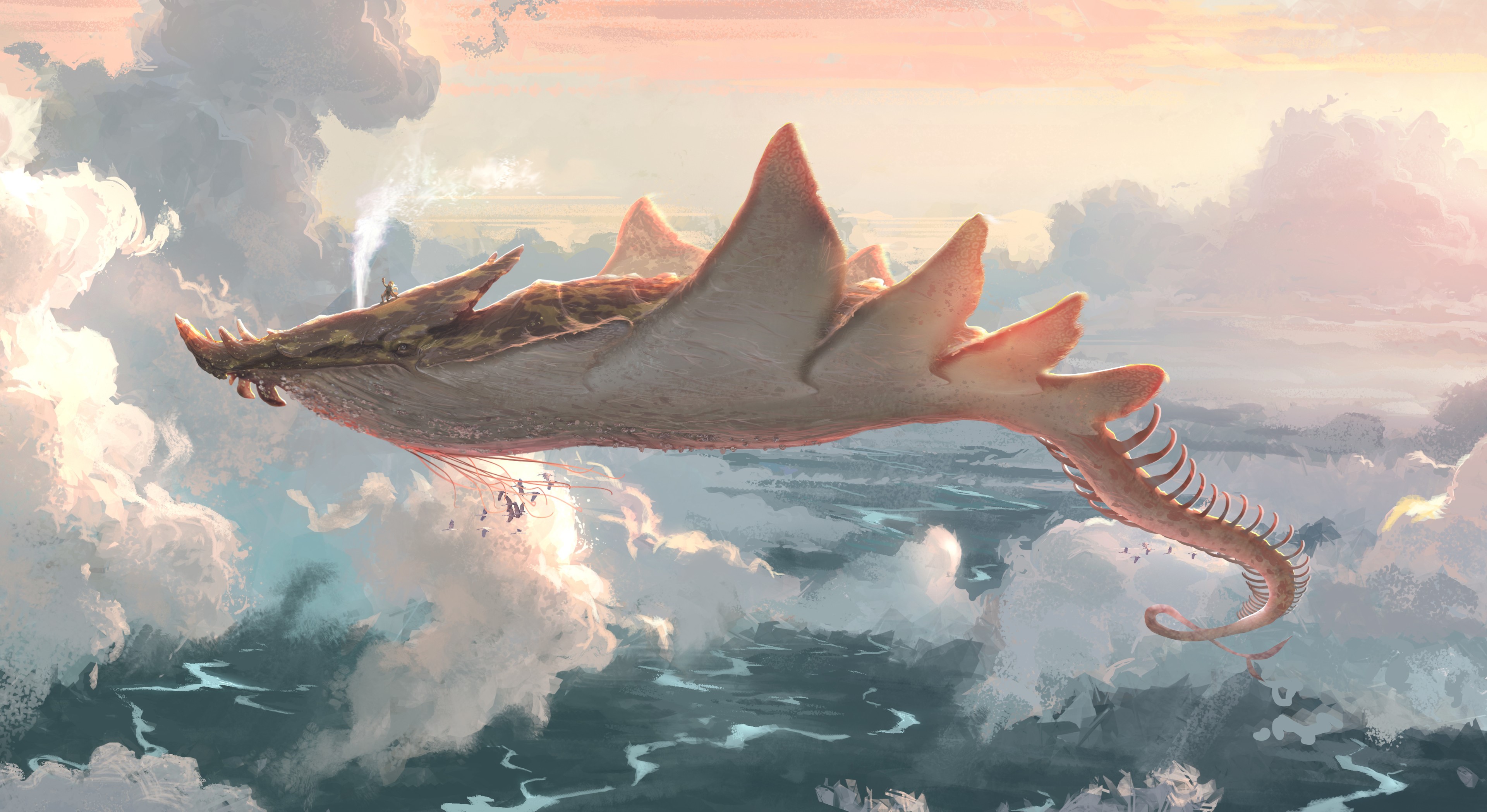 Fantasy art of a flying whale creature with a person on its back HD Wallpaper