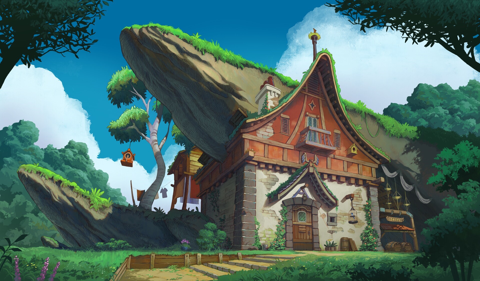 Fantasy cottage nestled in a forest with large rocks HD Wallpaper