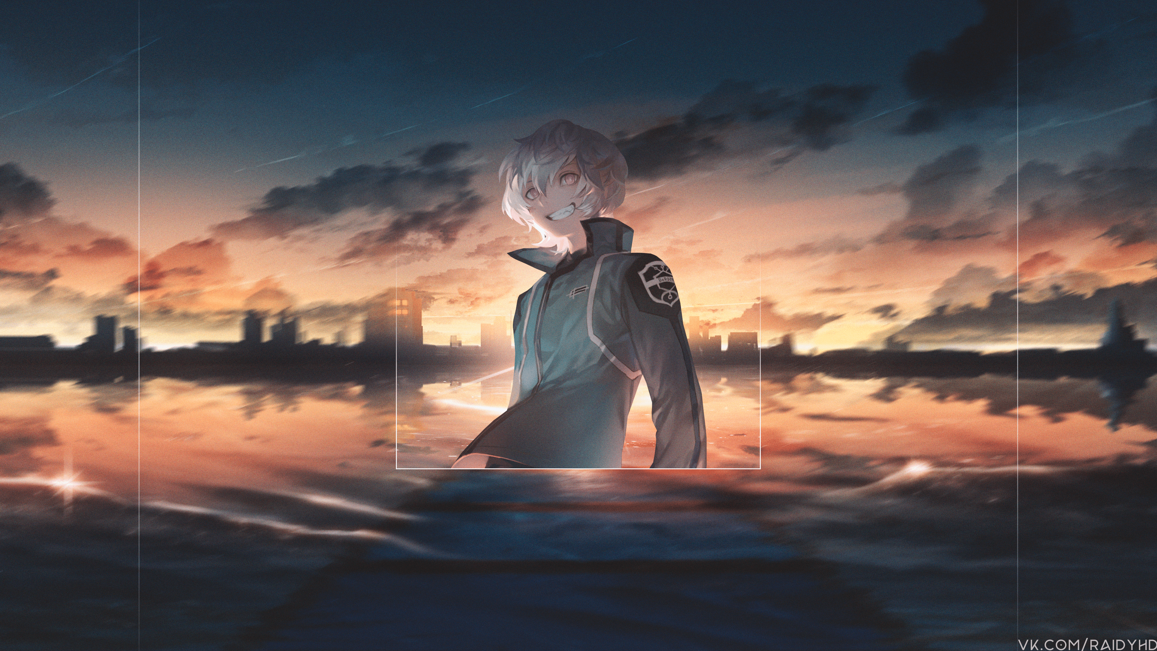Anime boy in picture-in-picture at sunset HD Wallpaper