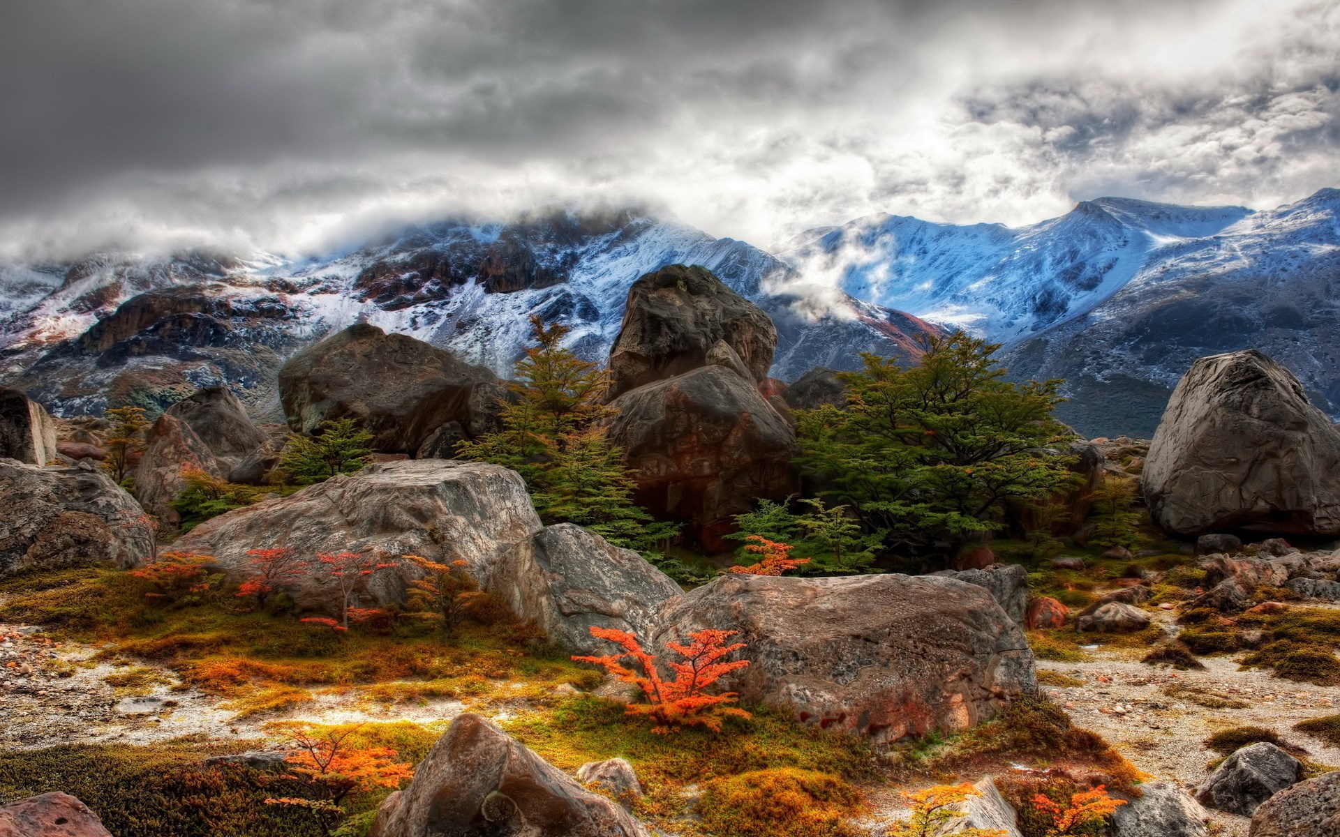 Rocky mountain landscape with autumn foliage and snow-capped peaks HD Wallpaper