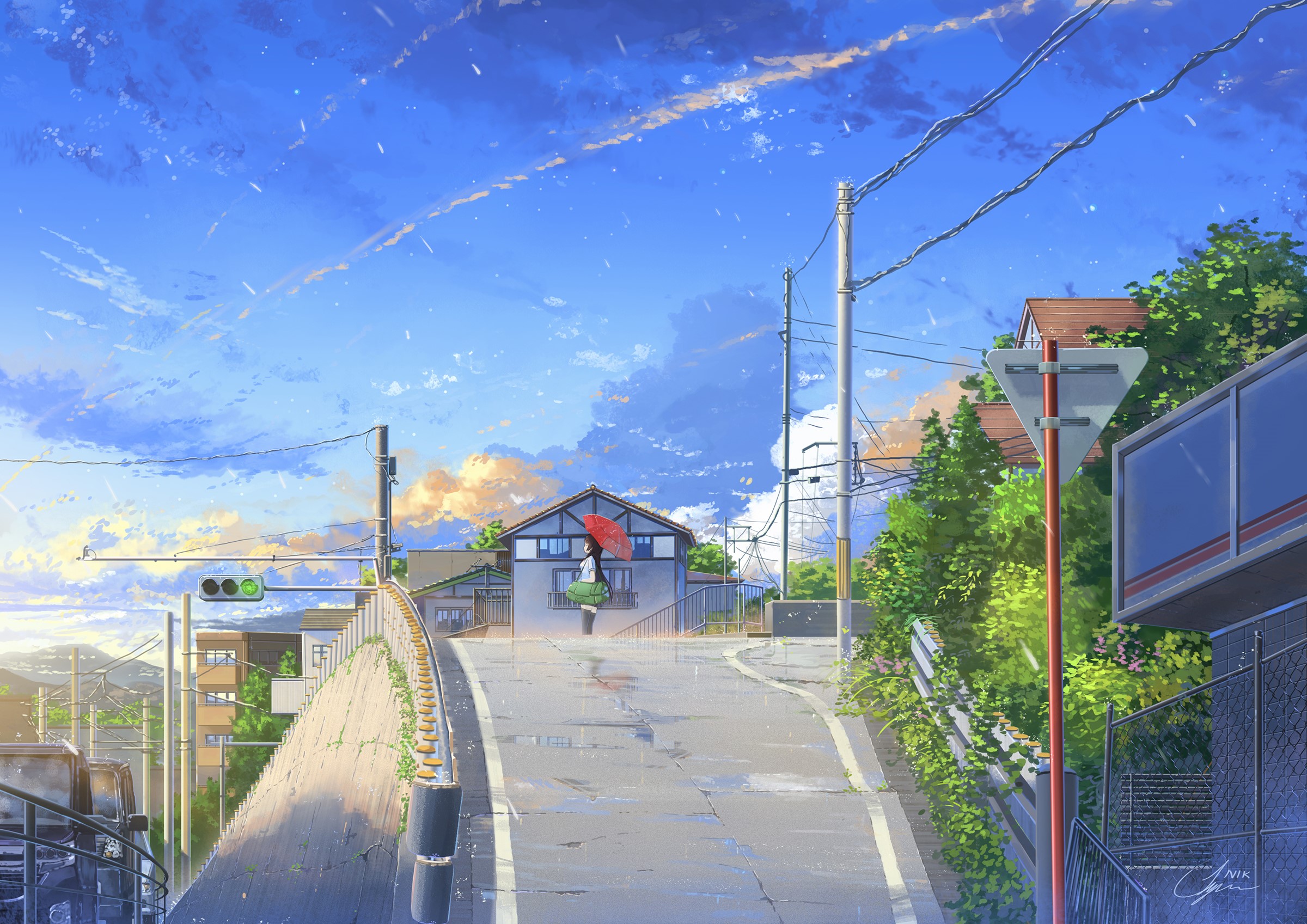 Anime girl with red umbrella on a wet street in Japan HD Wallpaper