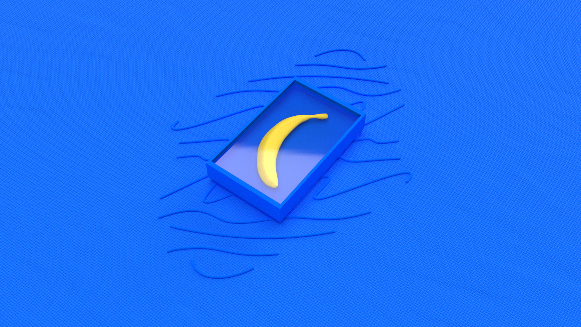 3D render of a yellow banana in a blue box on a blue surface HD Wallpaper