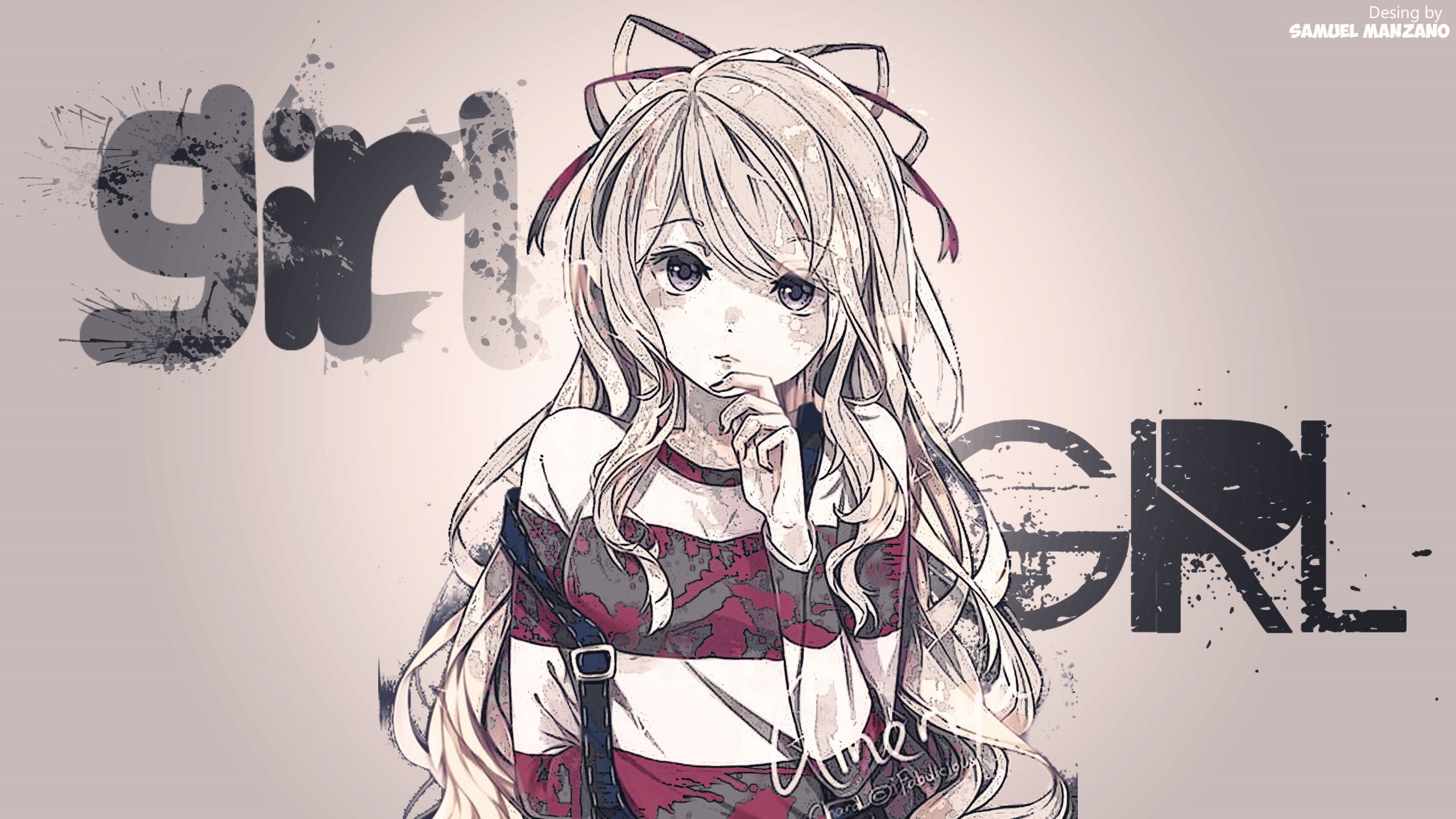 Anime girl with text "girl" and "GRL" HD Wallpaper