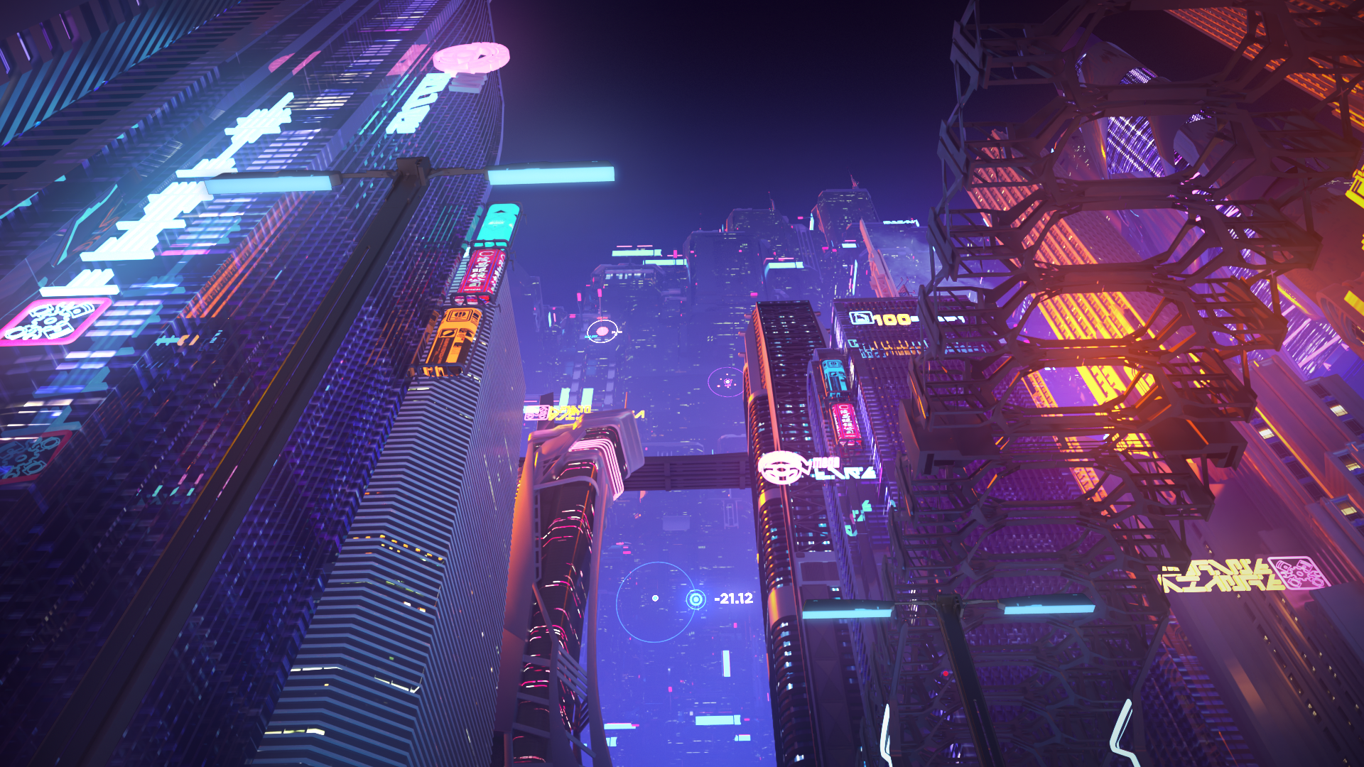 Cyberpunk city with neon lights at night HD Wallpaper