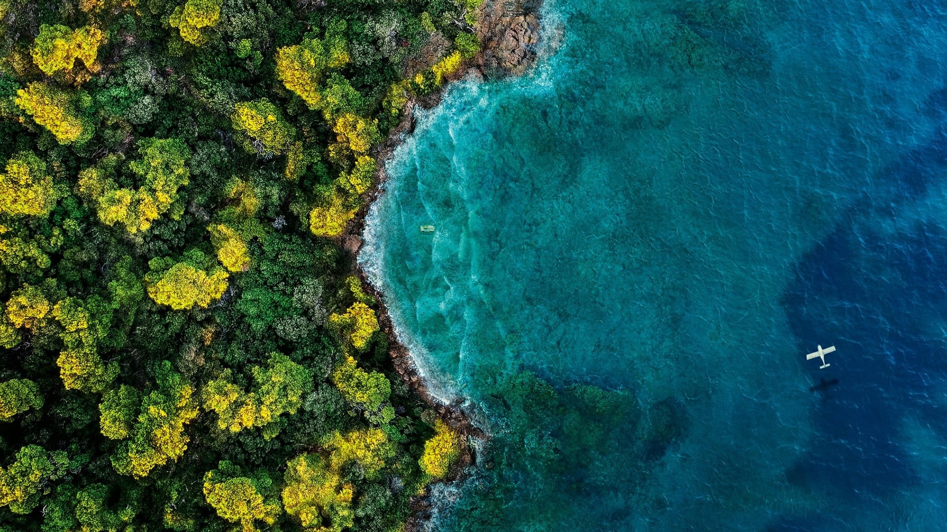 Aerial view of a tropical island with a small airplane HD Wallpaper