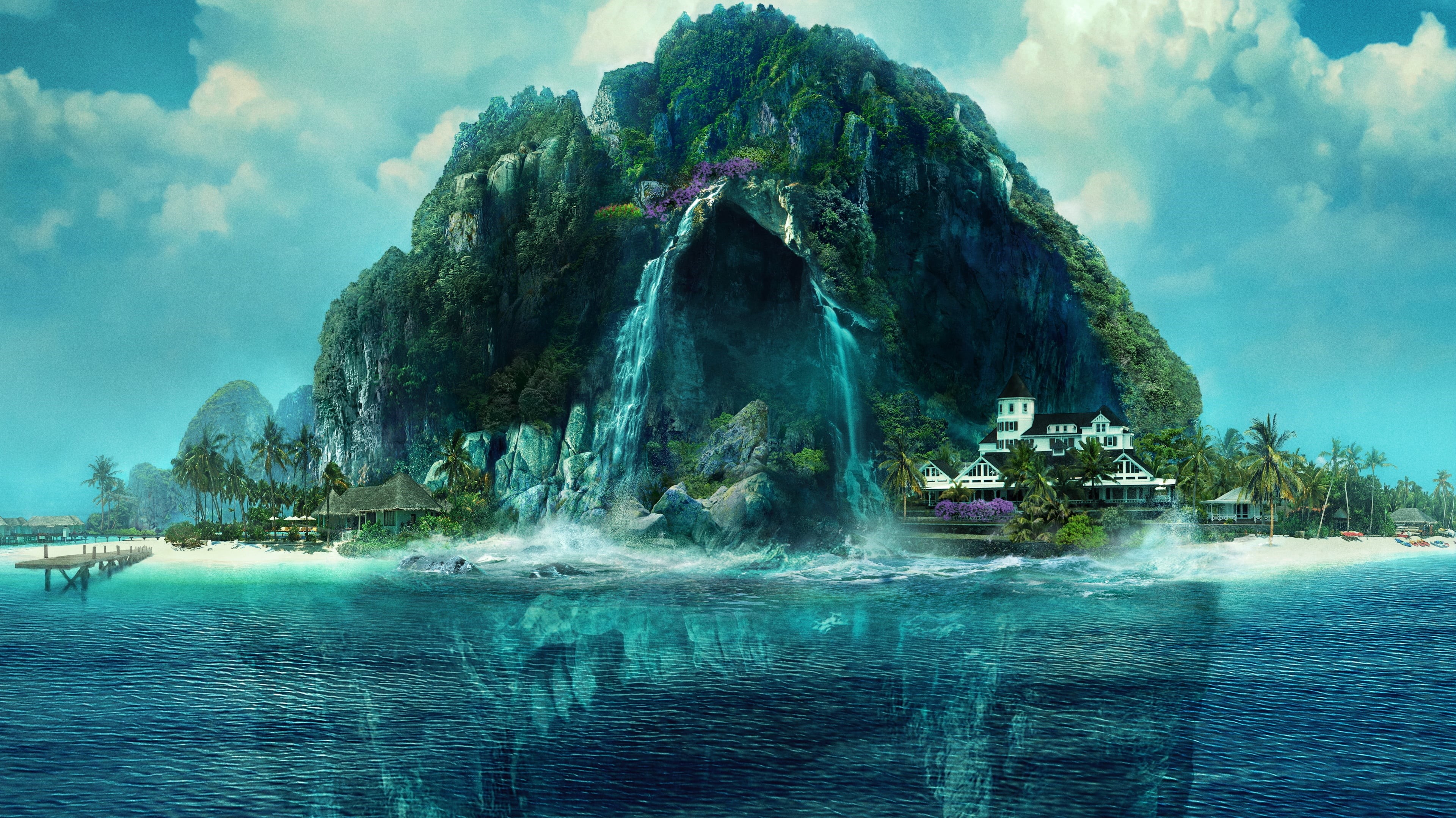 Fantasy Island with Waterfall and Houses HD Wallpaper