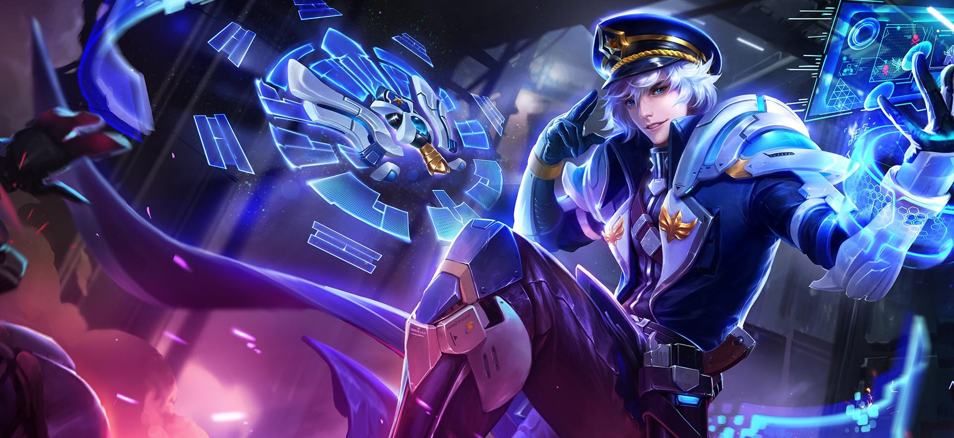 Anime character in futuristic uniform with holographic displays HD Wallpaper