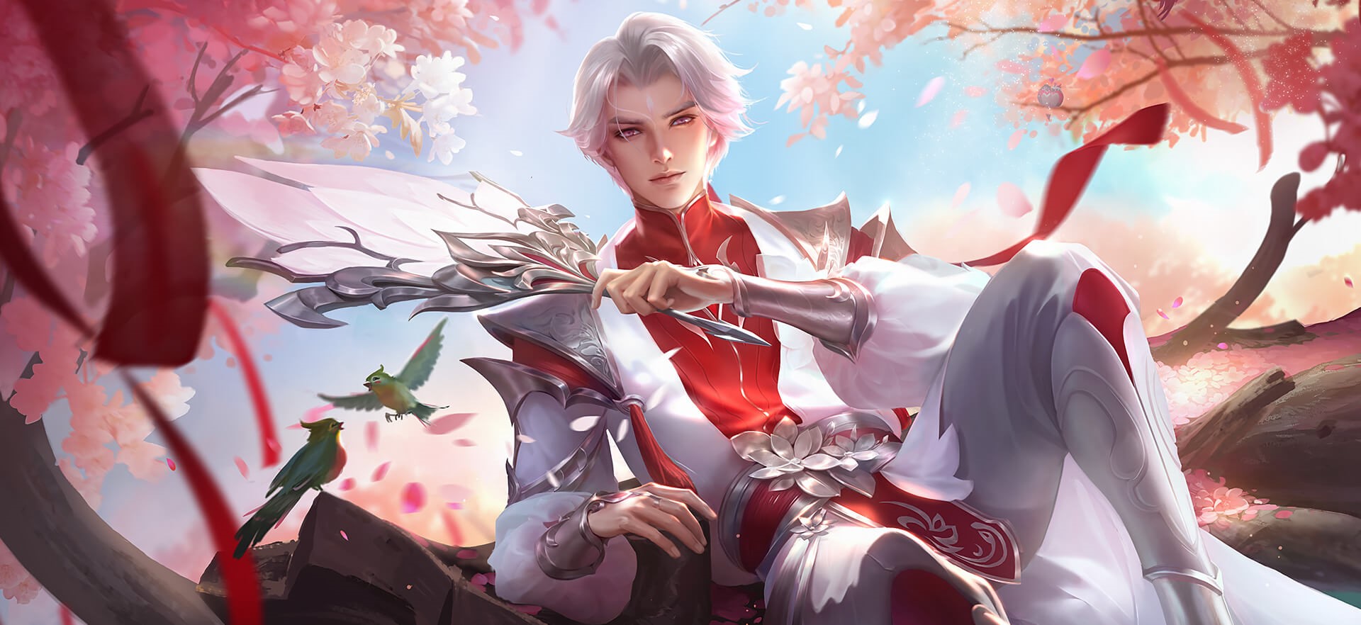 Anime man with white hair and pink accents in red and white outfit HD Wallpaper