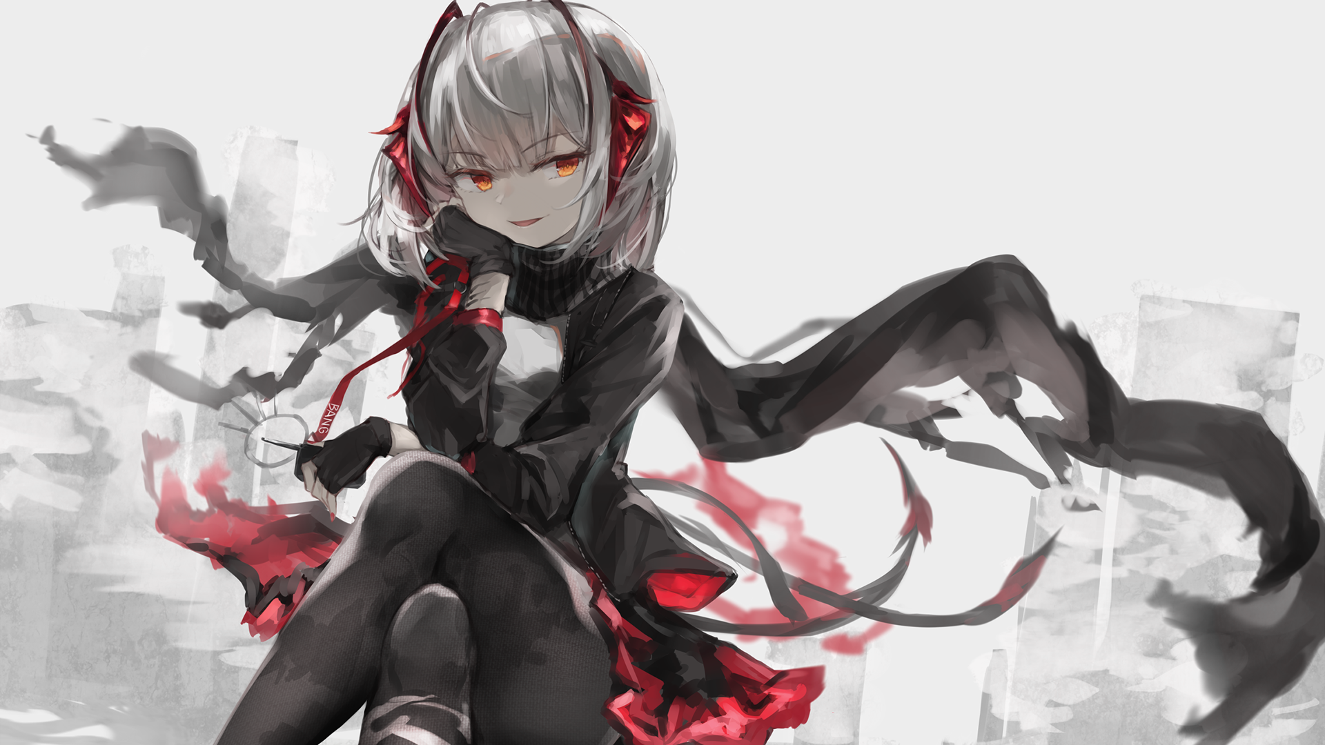 Anime girl with gray hair and red accents HD Wallpaper