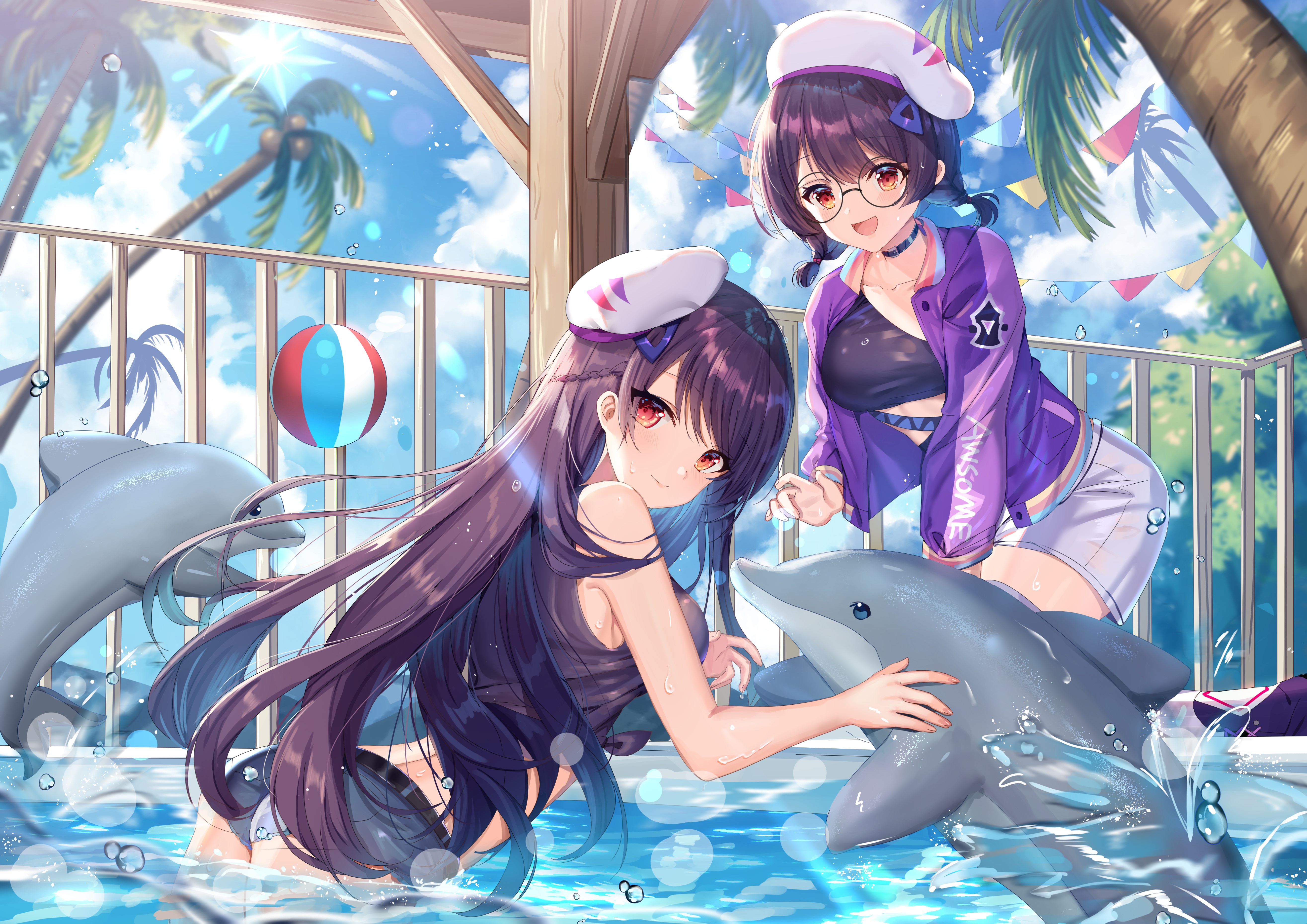 Anime girls with dolphins at a pool HD Wallpaper