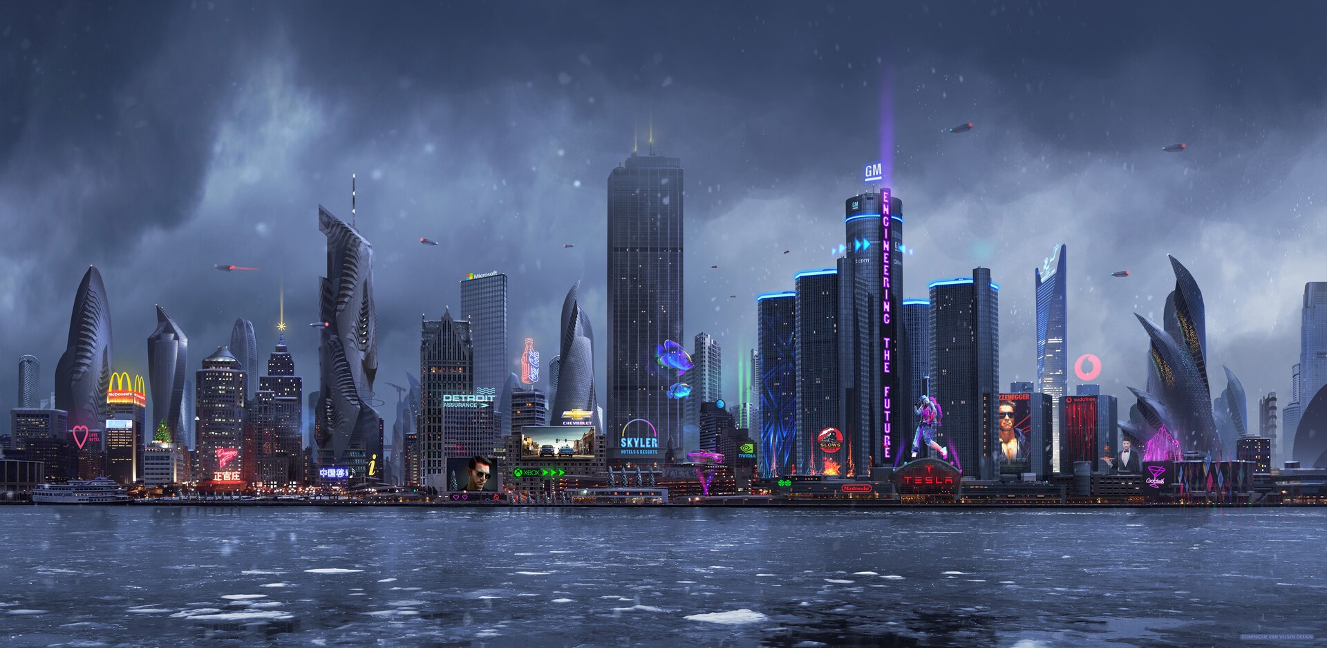 Futuristic Detroit cityscape with GM and Tesla skyscrapers HD Wallpaper