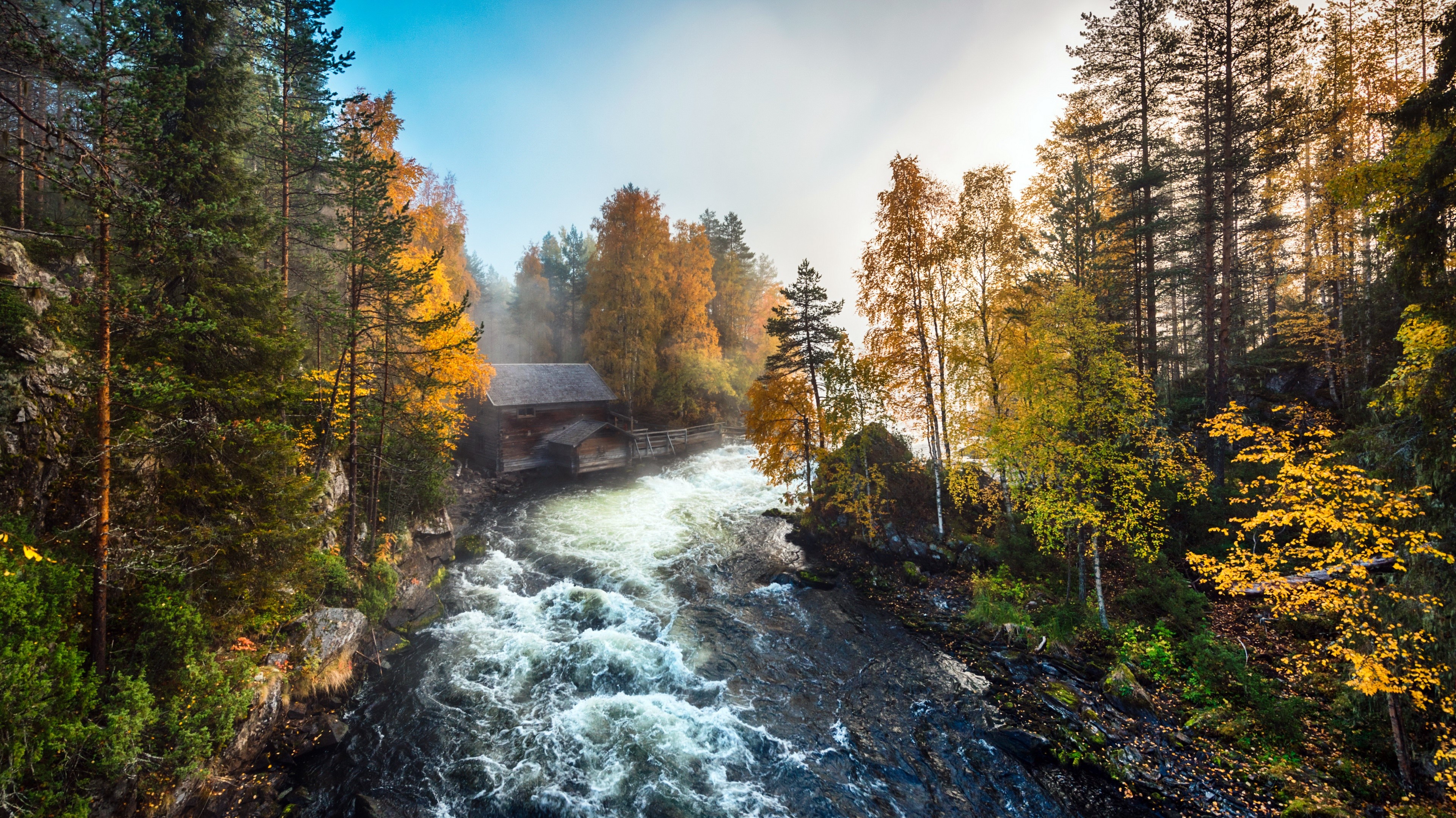 4K river in Finland during fall with mist HD Wallpaper