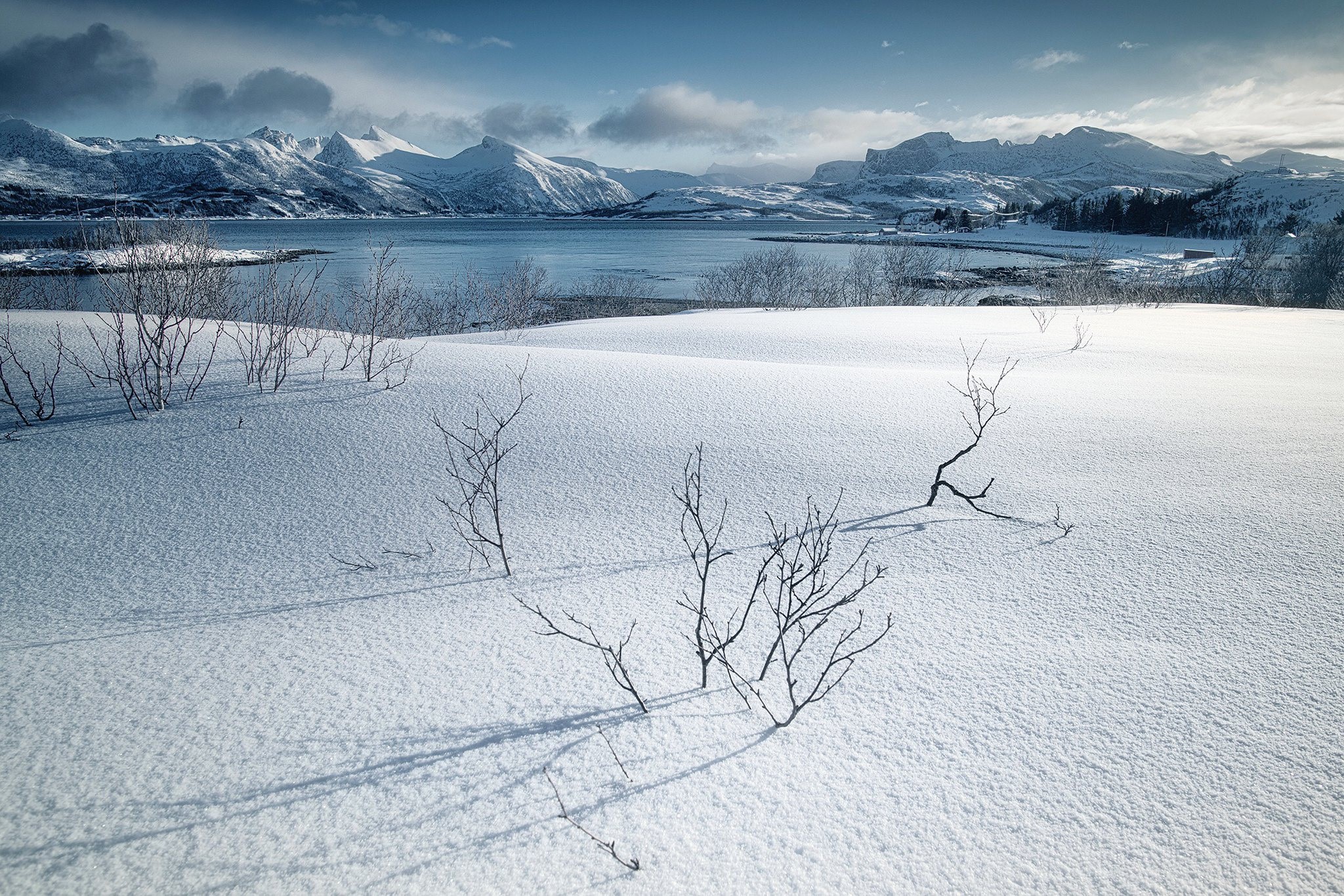 Snowy mountains and a fjord in Norway HD Wallpaper