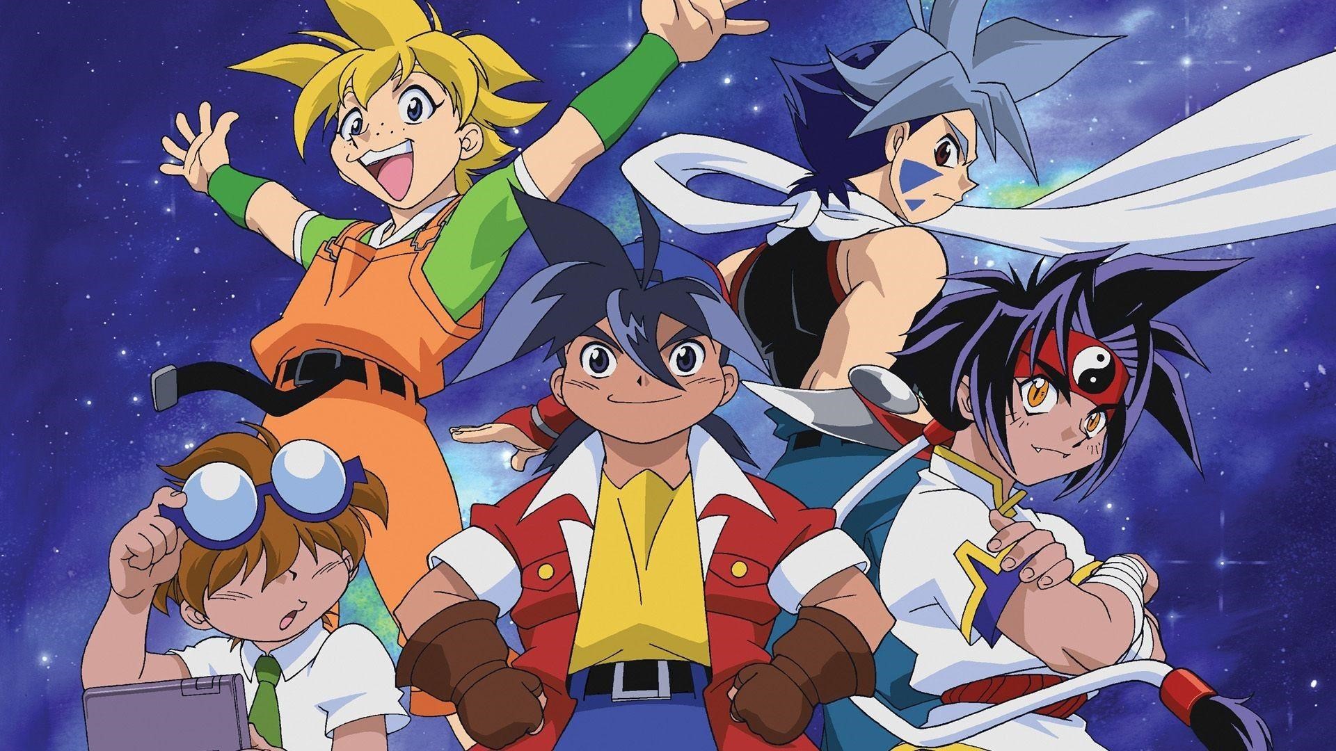 Beyblade characters posing against a starry background HD Wallpaper
