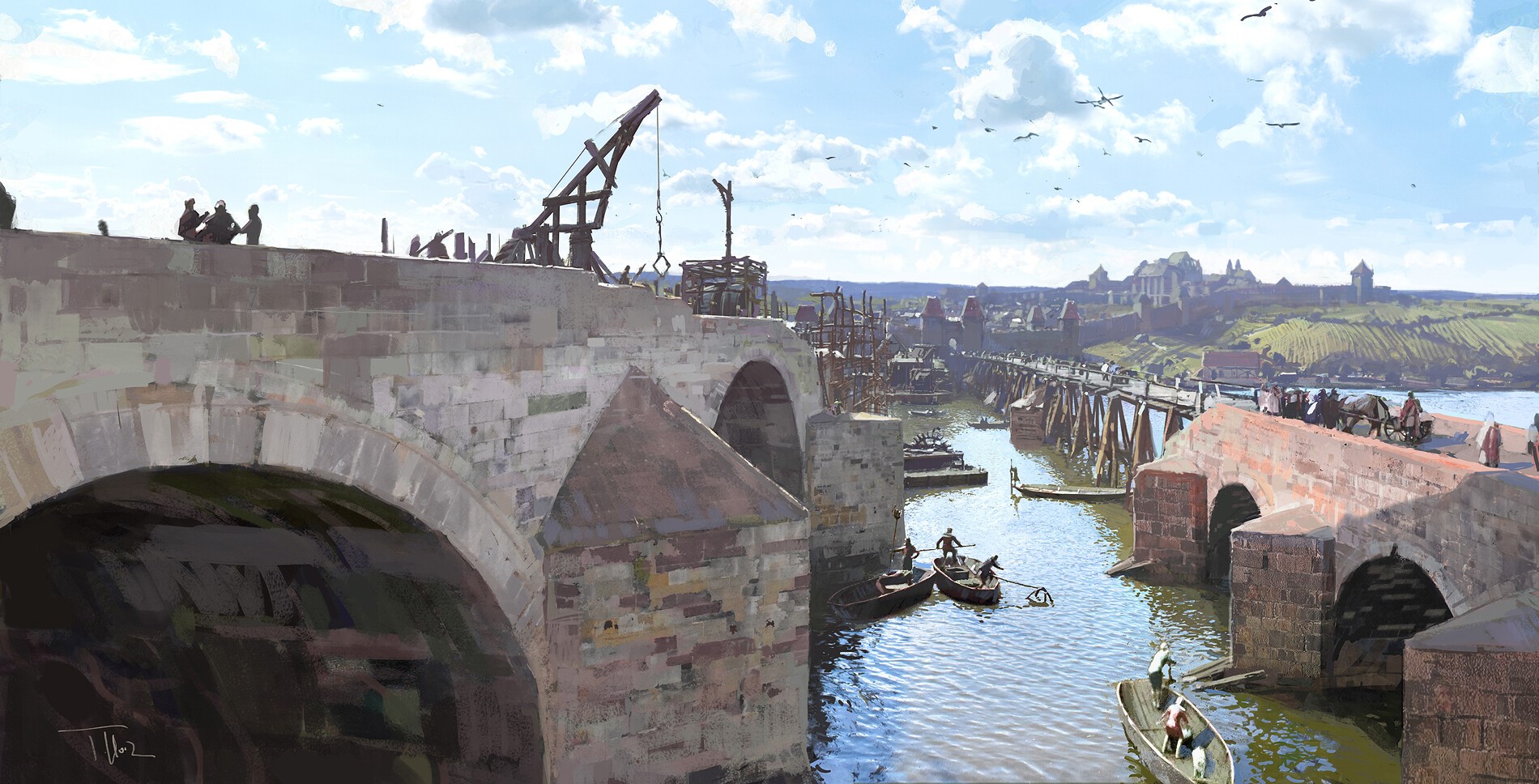 Medieval bridge construction over a river with a city in the background HD Wallpaper