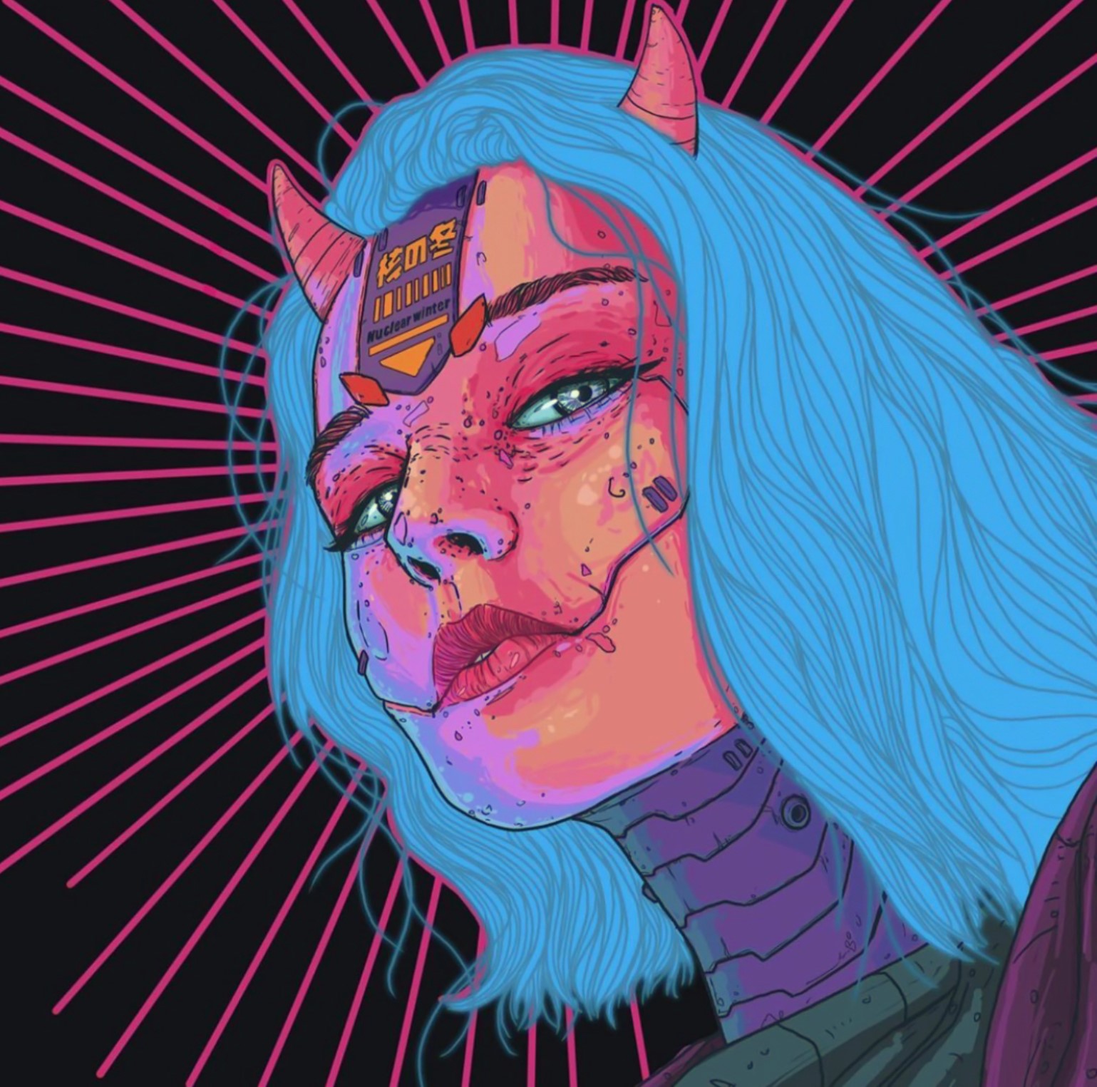 Cyberpunk woman with blue hair and horns HD Wallpaper