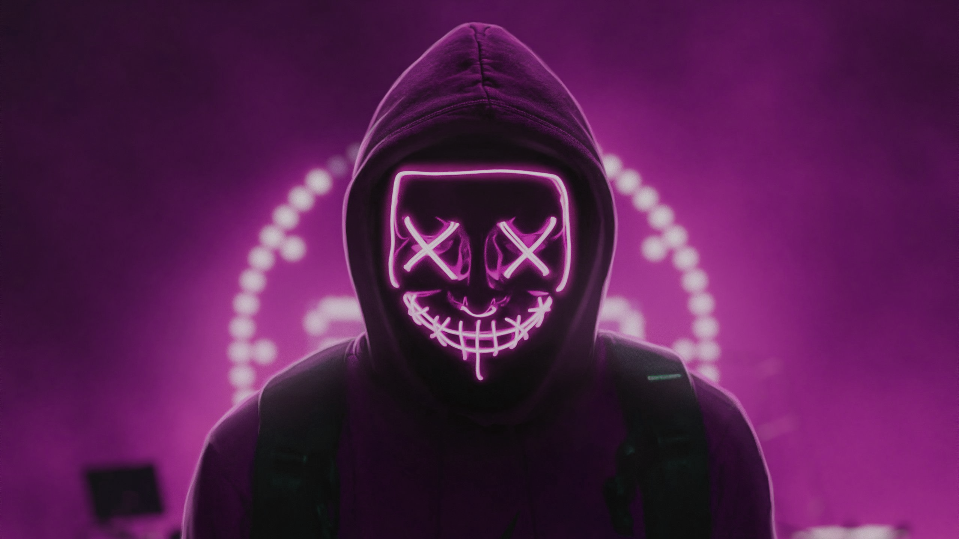 Person in a purple hoodie wearing a neon pink mask HD Wallpaper