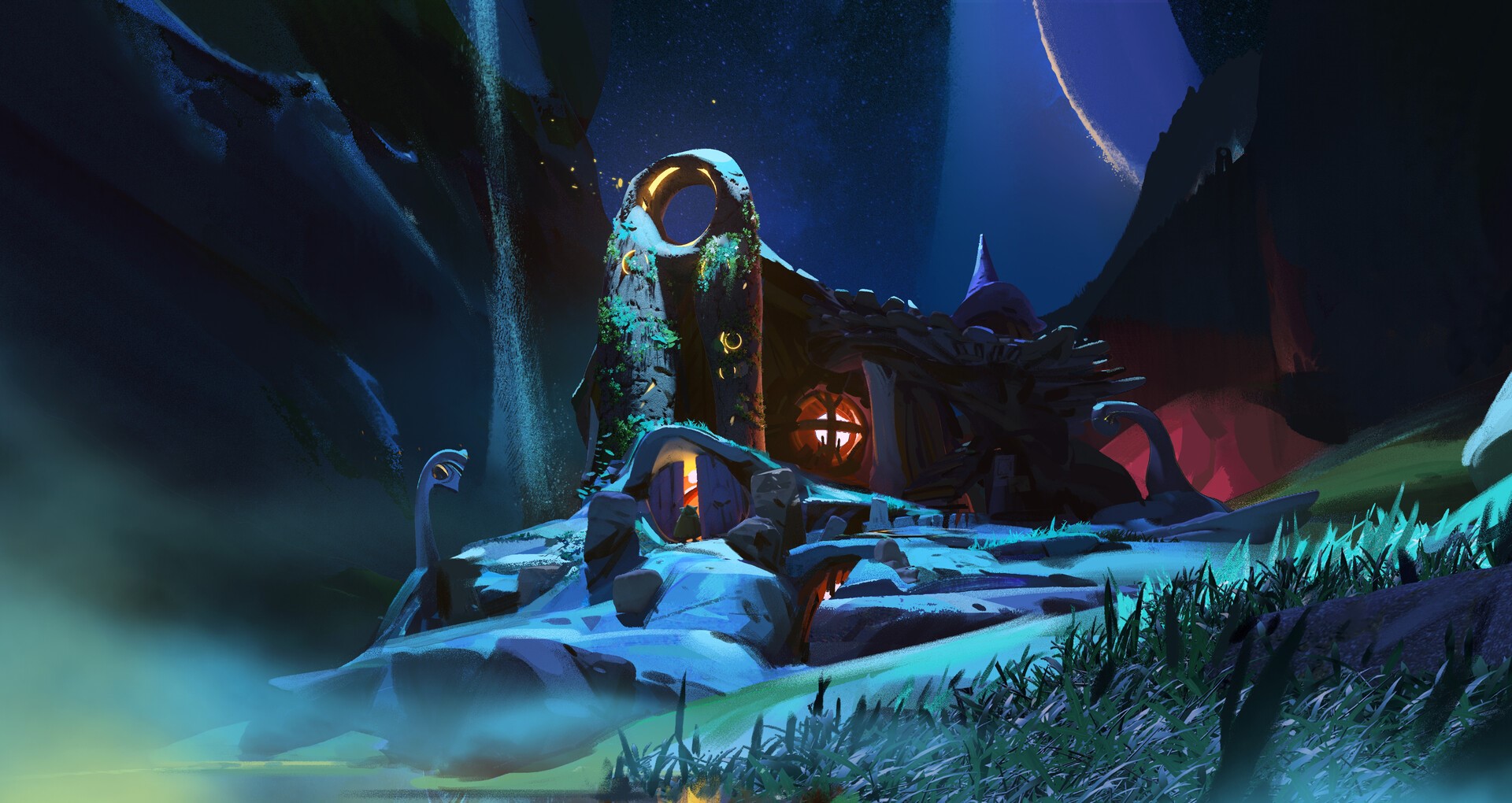 Fantasy cottage with a circular portal in the mountains HD Wallpaper
