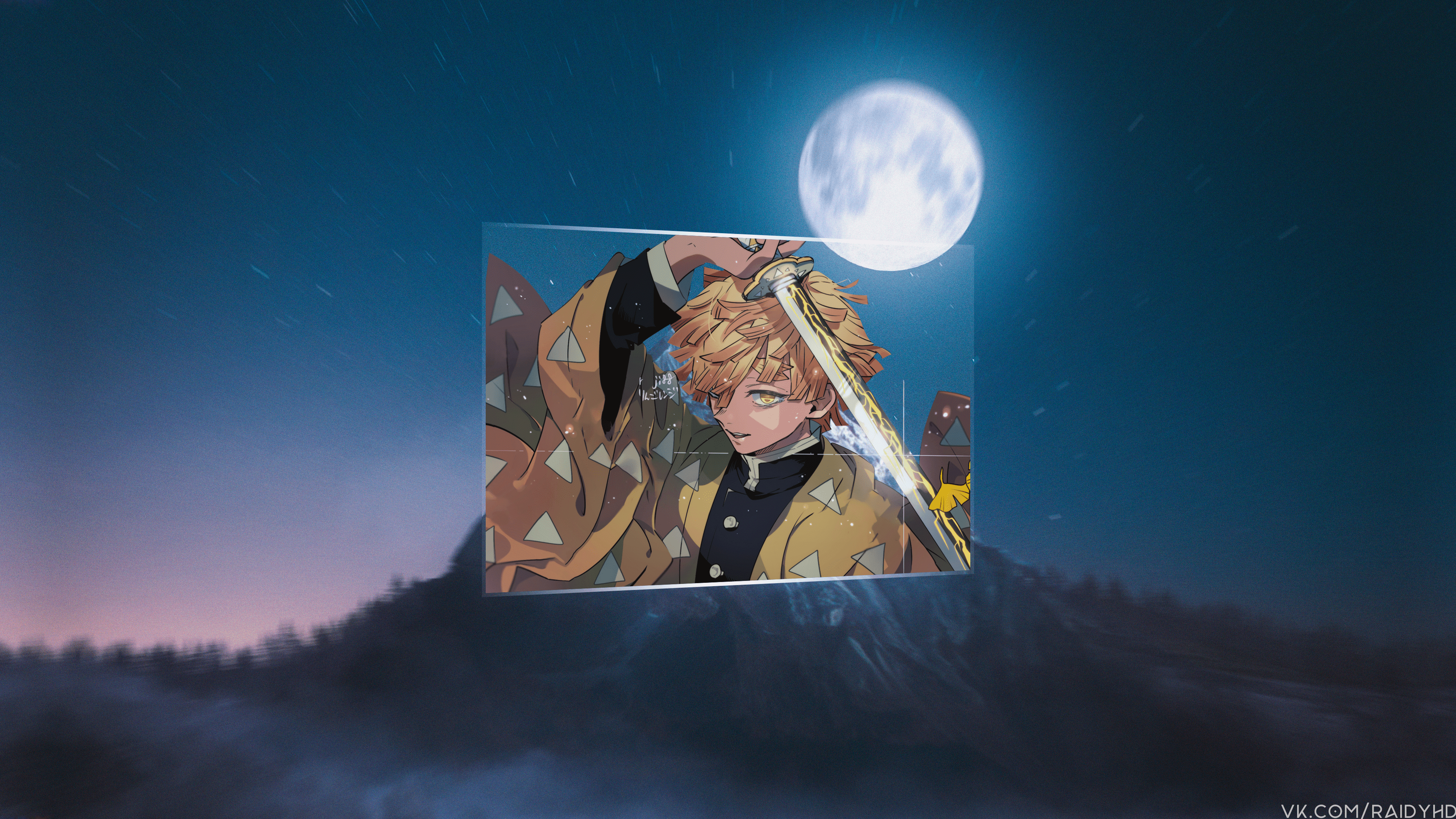 4K Zenitsu Agatsuma from Kimetsu no Yaiba with Moon HD Wallpaper