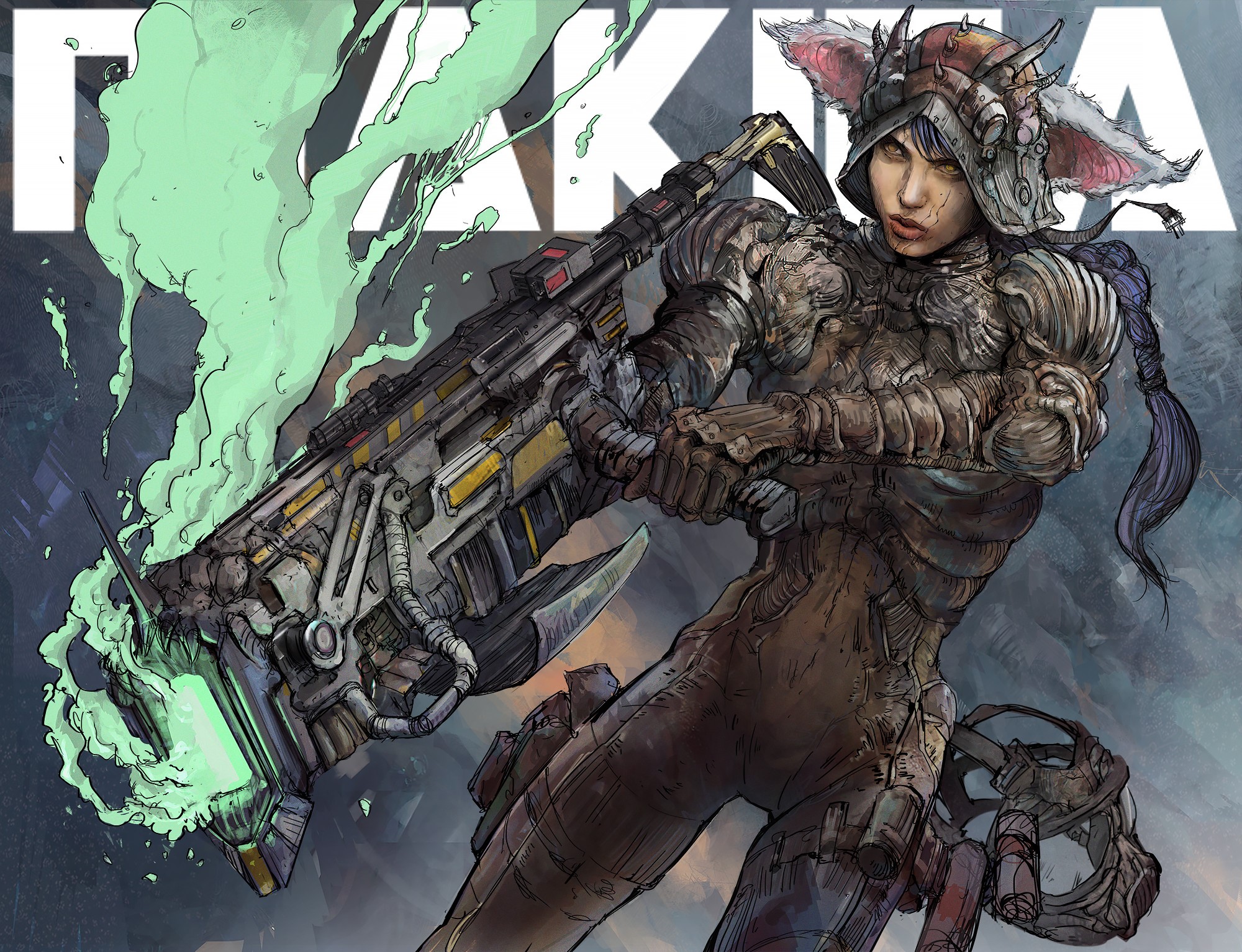 Fictional character with a large weapon HD Wallpaper